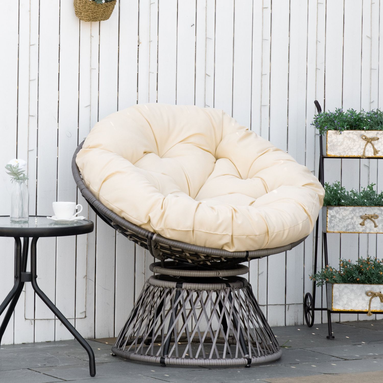 Flätad Papasan-stol med dyna, 360° metallram, kräm