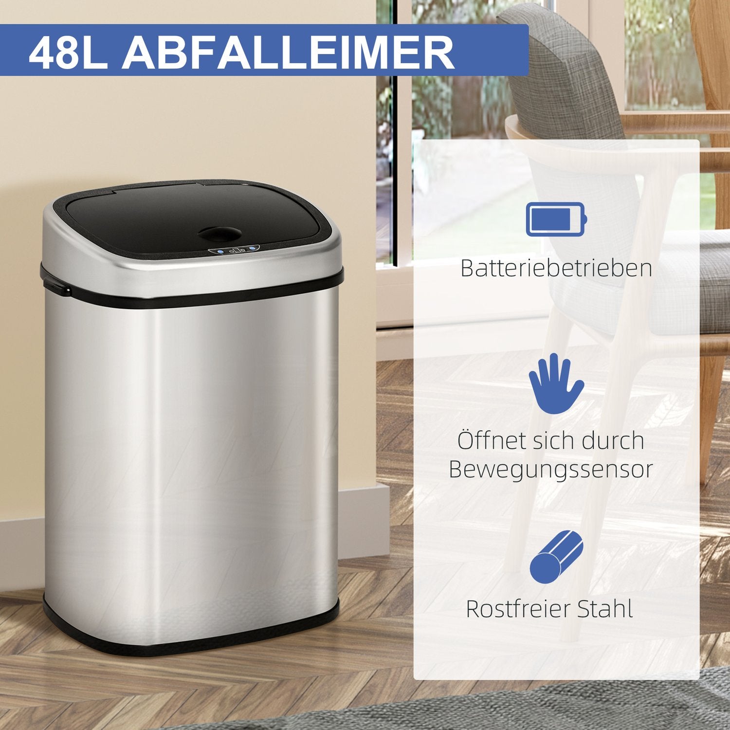 48L papperskorg i rostfritt stål med infraröd sensor, silver