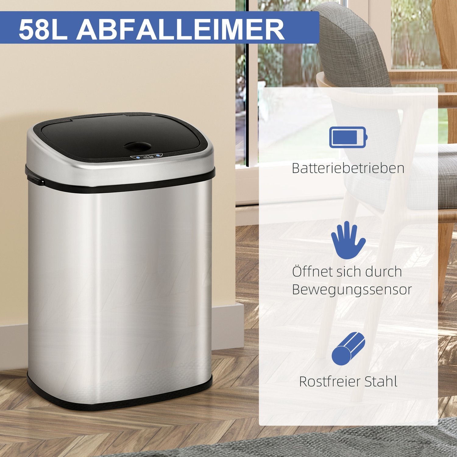 Automatisk 58L soptunna i rostfritt stål med sensor