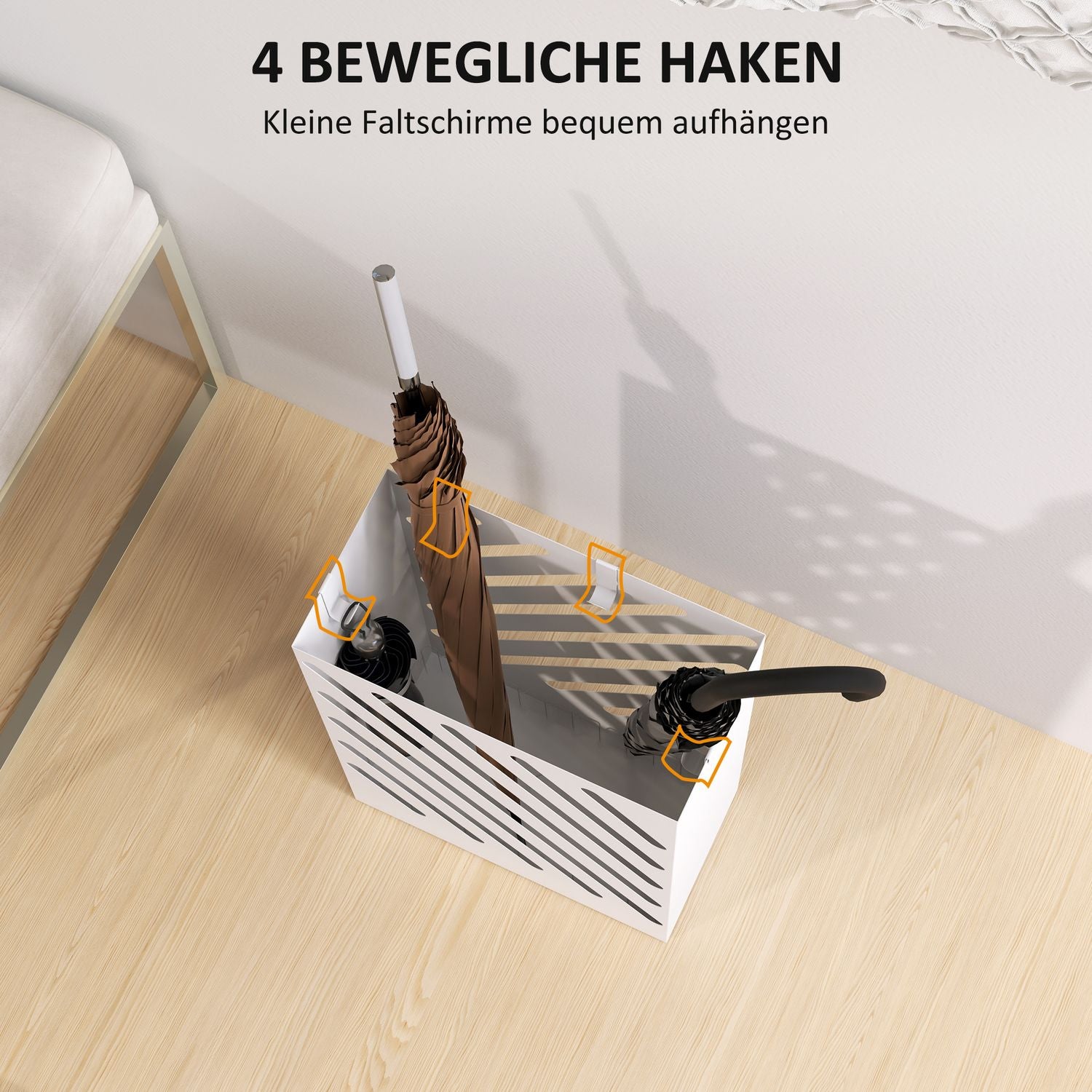 Paraplyställ i vit stål med krokar och vattenbricka