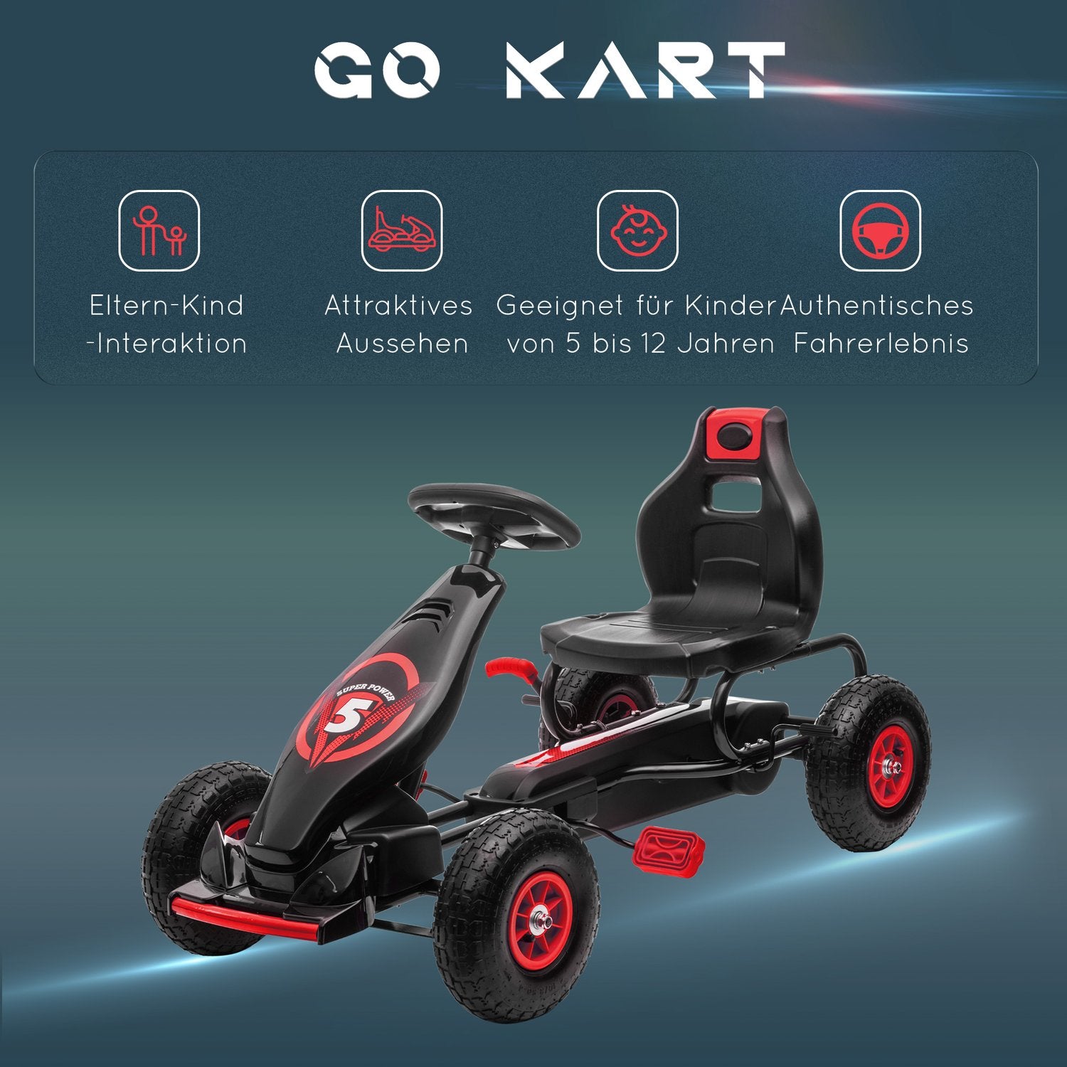 Pedal Go-Kart för barn, justerbar sits, gummidäck