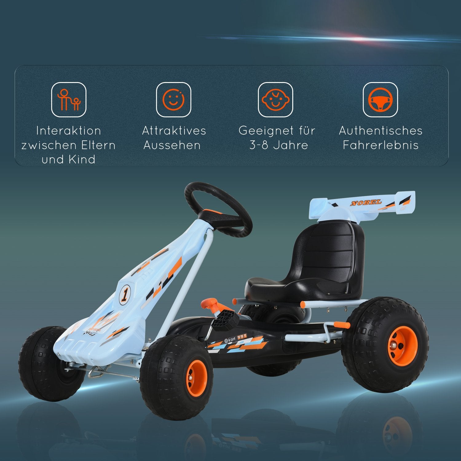 Ljusblå stålpedal Go-Kart med justerbar sits