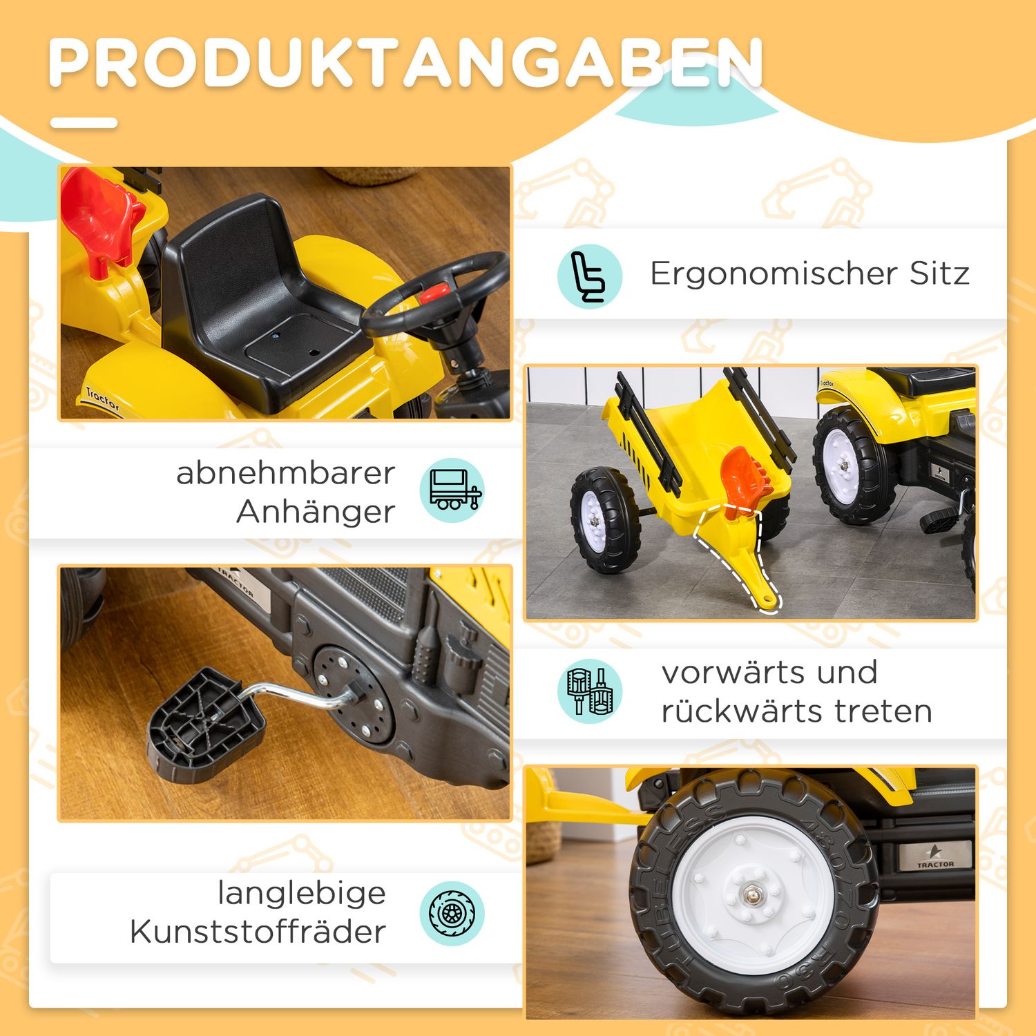 Pedaltraktor för barn, gul, metall, åldrarna 3+