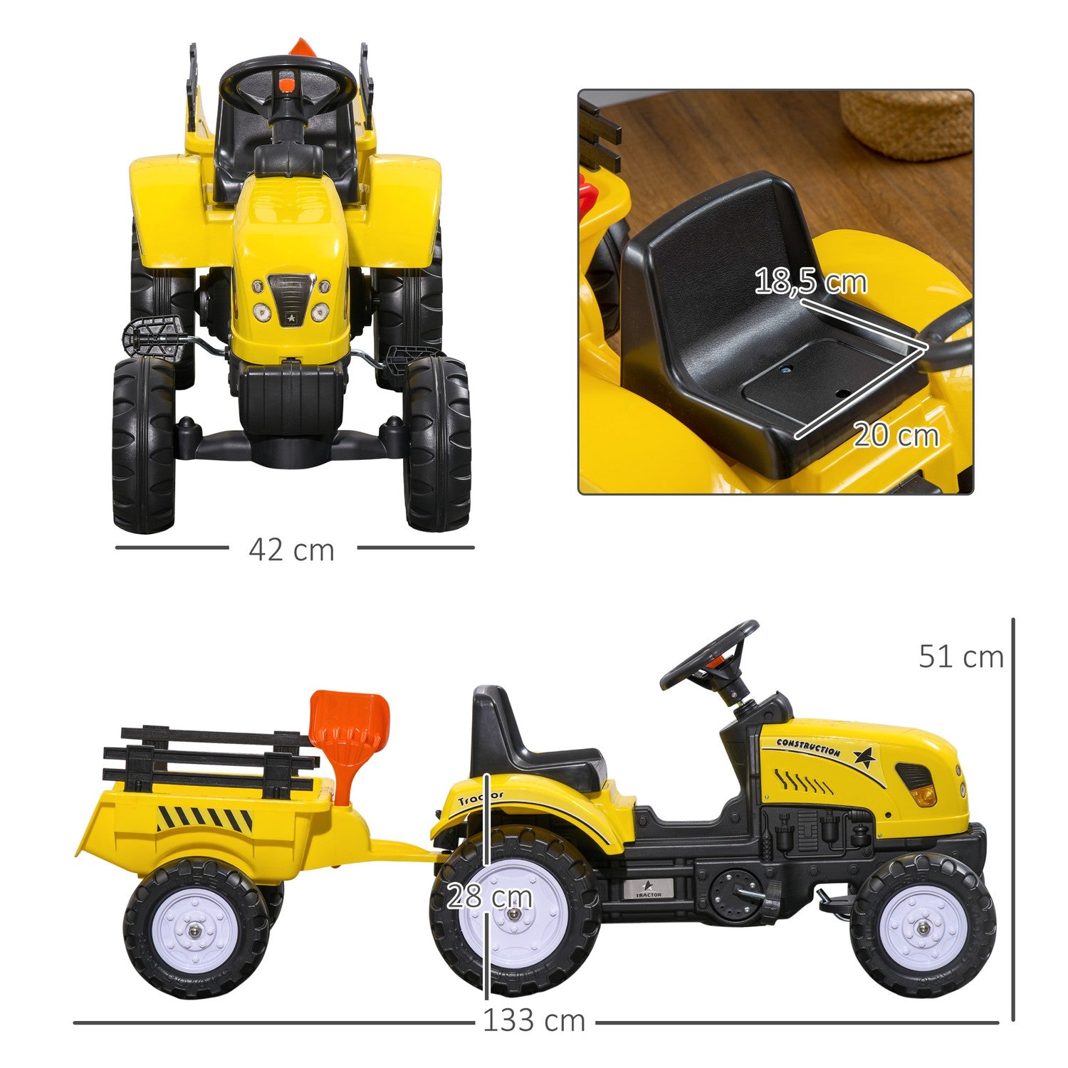 Pedaltraktor för barn, gul, metall, åldrarna 3+