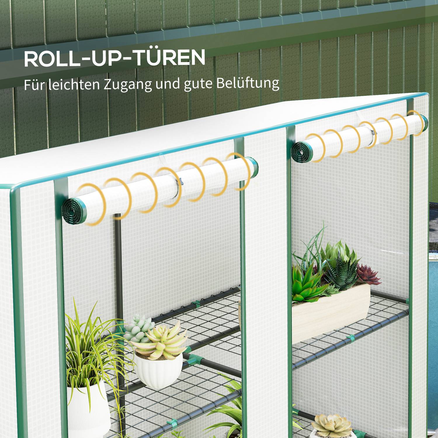 Pent takväxthus med hyllor, stålstomme, vintertät