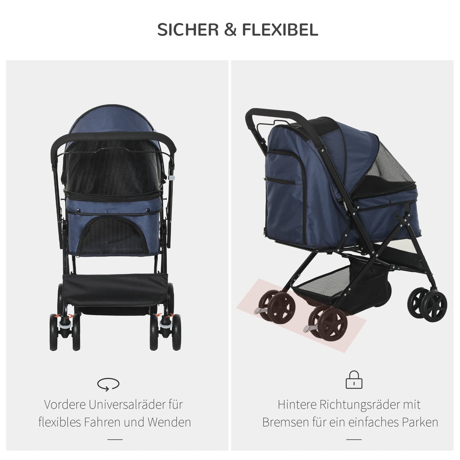 Husdjursvagn för små hundar & katter, Oxford Blue 76,5x52x95cm