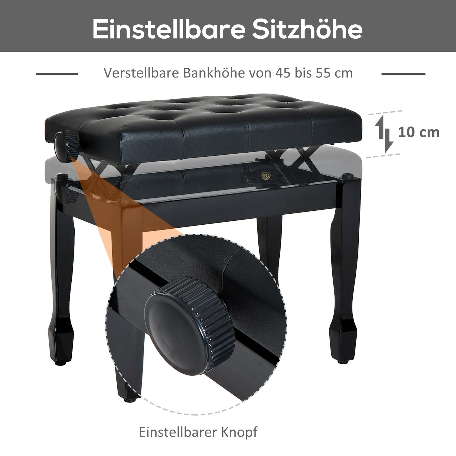 Höjdjusterbar pianobänk, massivt trä, konstläder
