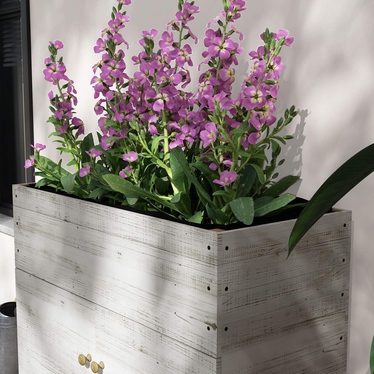 Planteringslåda i trä med hjul och förvaring, 110x50x95 cm