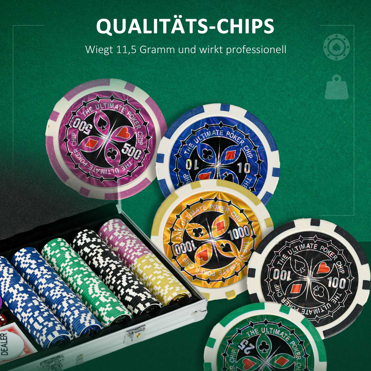Professionellt pokerset – 500 marker, låsfodral, 2 kortlekar, 5 tärningar