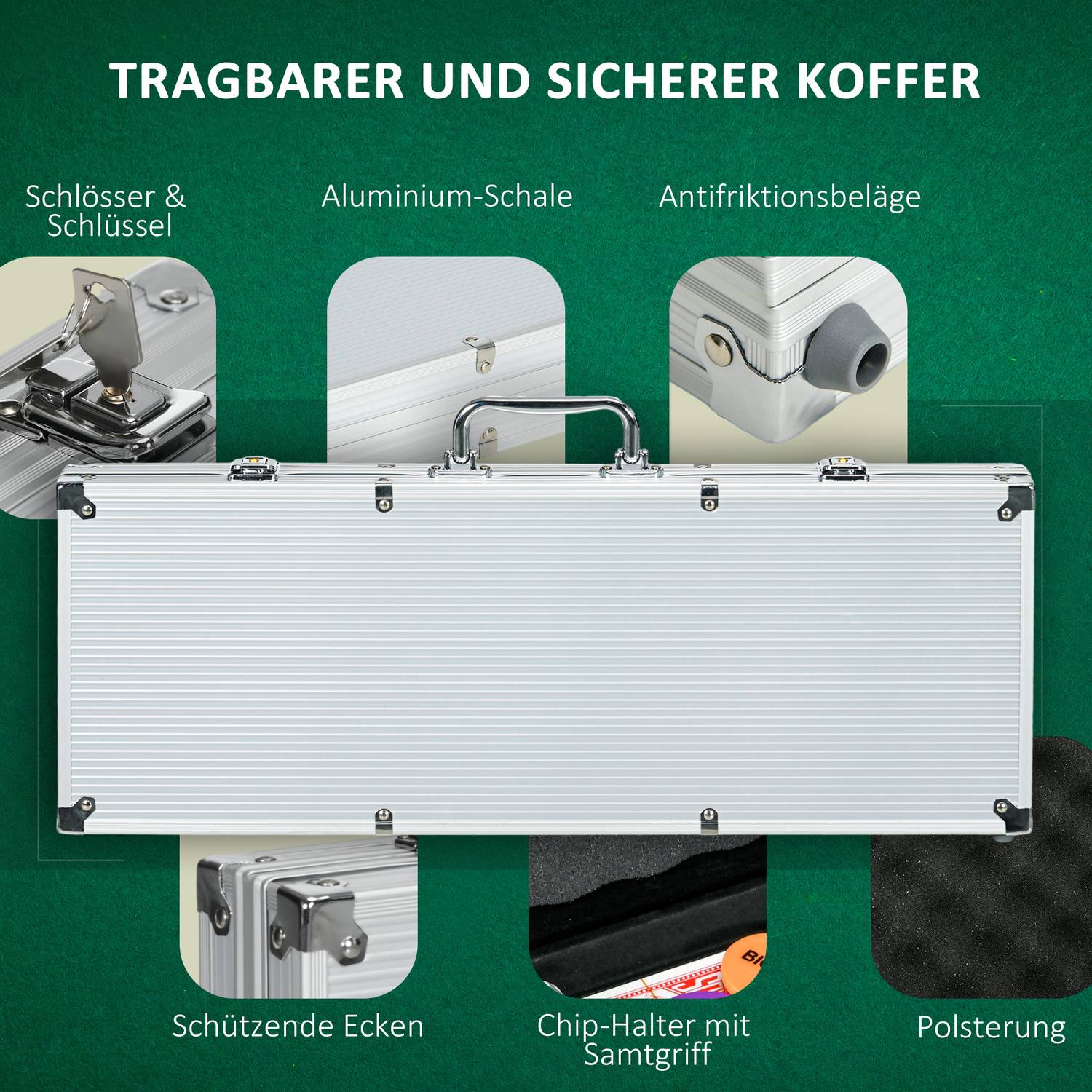 Professionellt pokerset – 500 marker, låsfodral, 2 kortlekar, 5 tärningar