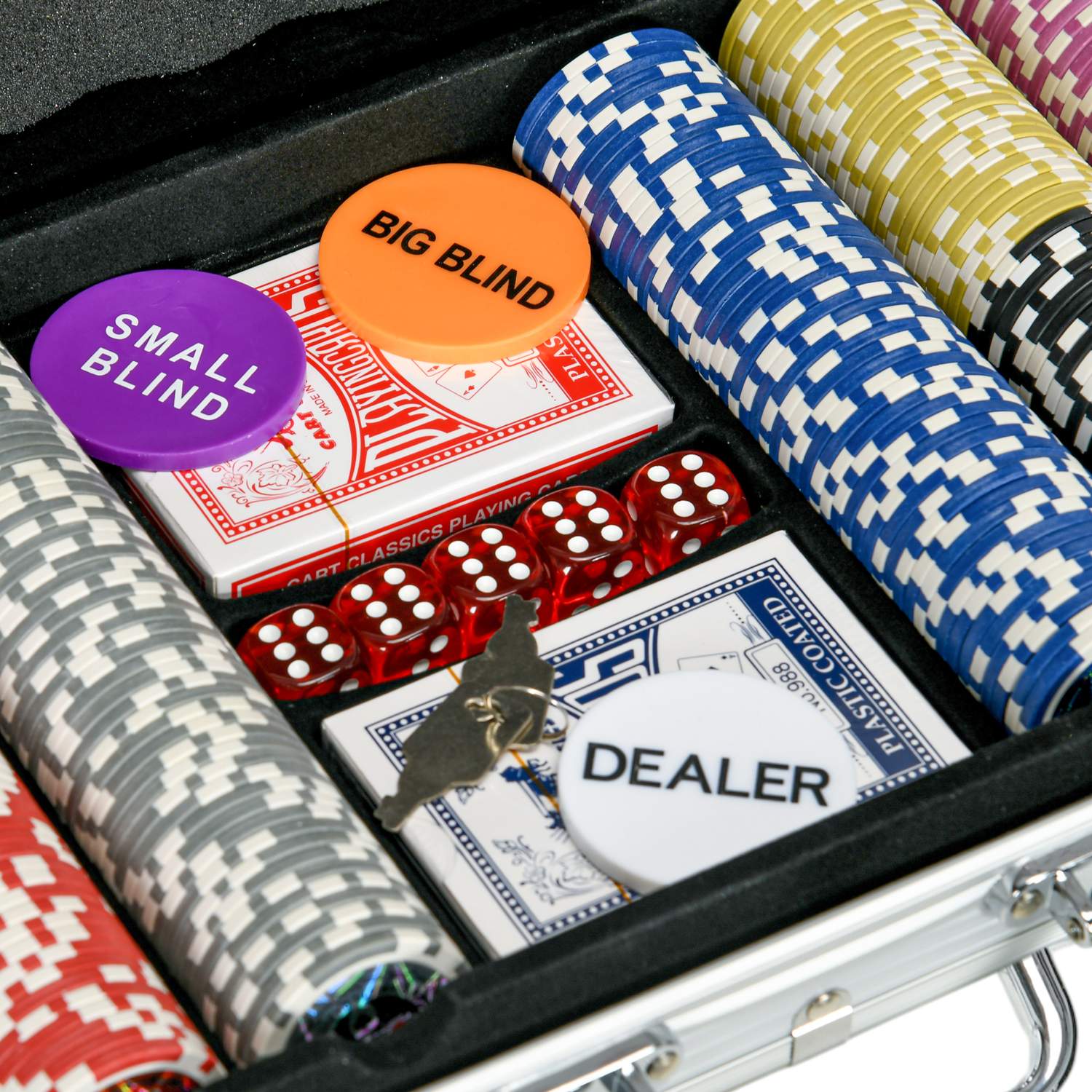 Professionellt pokerset – 500 marker, låsfodral, 2 kortlekar, 5 tärningar