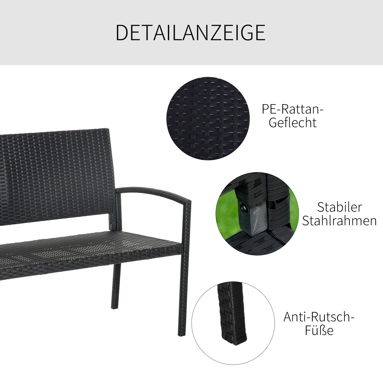 Wicker Trädgårdsbänk, 2-sits – Svart, 122 x 60 x 87 cm