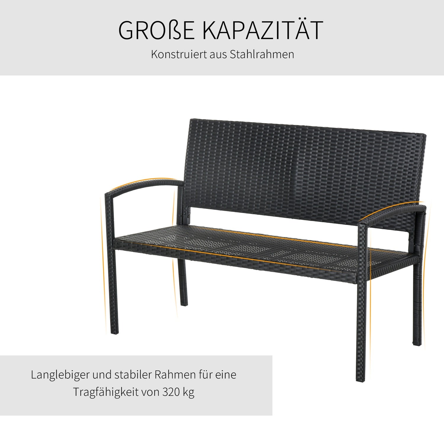 Wicker Trädgårdsbänk, 2-sits – Svart, 122 x 60 x 87 cm