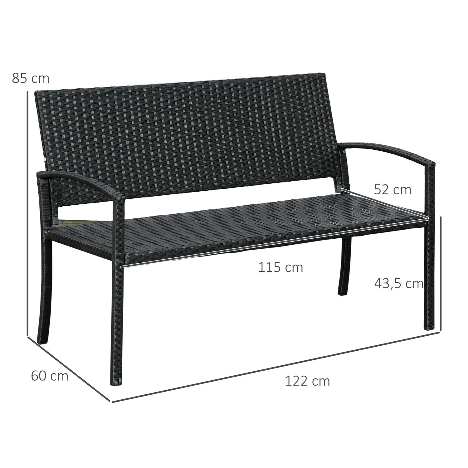 Wicker Trädgårdsbänk, 2-sits – Svart, 122 x 60 x 87 cm