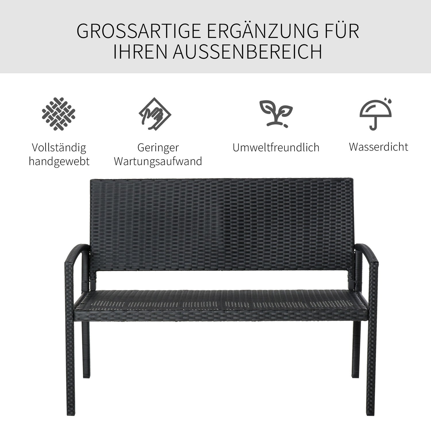 Wicker Trädgårdsbänk, 2-sits – Svart, 122 x 60 x 87 cm