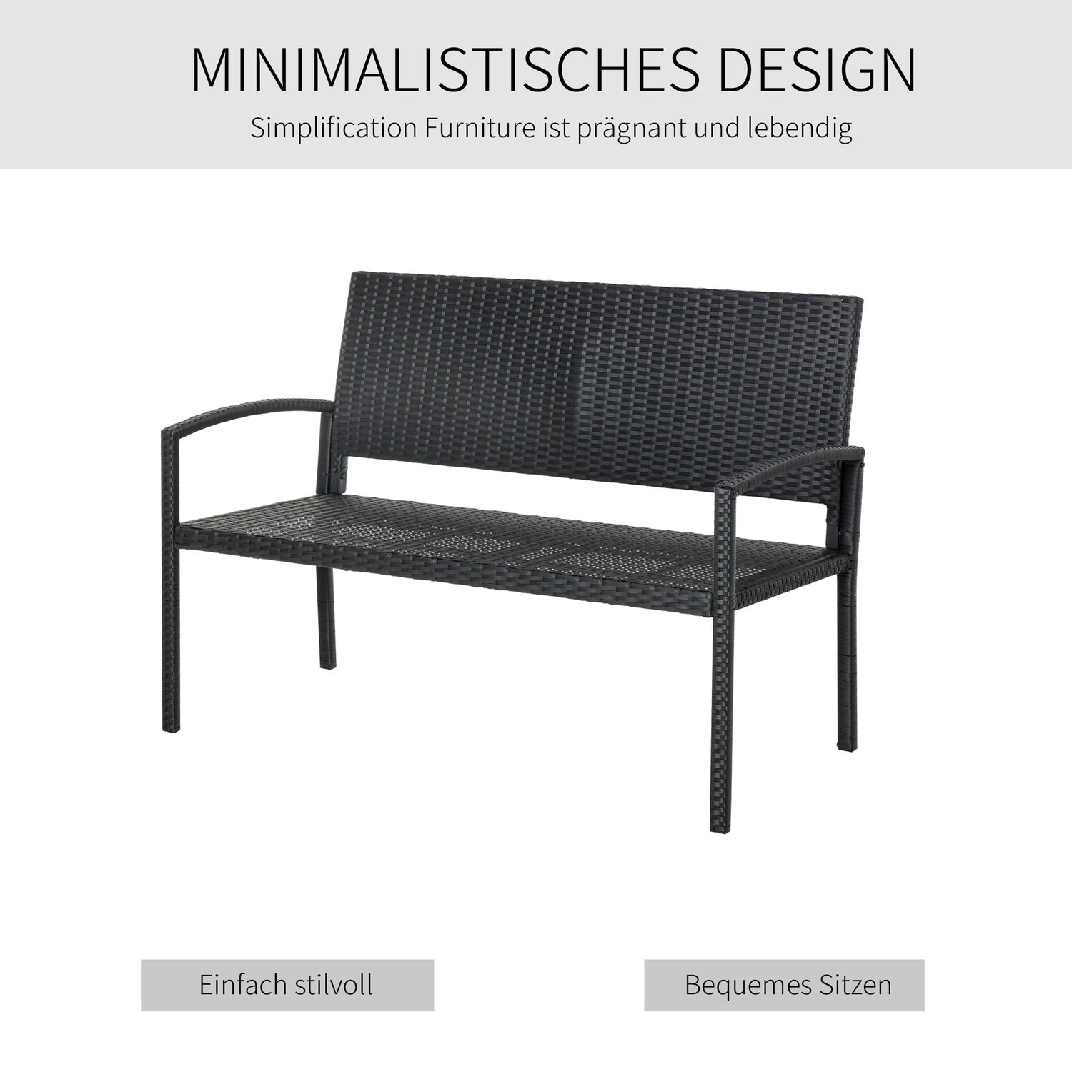 Wicker Trädgårdsbänk, 2-sits – Svart, 122 x 60 x 87 cm