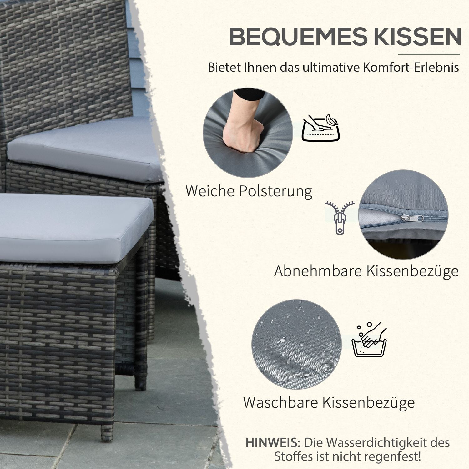 Polyrattan uteserveringsset för 4, Stålstomme, Grå