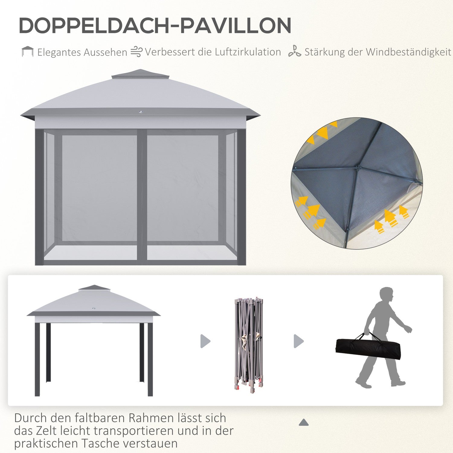Pop-up 3x3m Garden Gazebo-tält, dubbeltak, myggnät