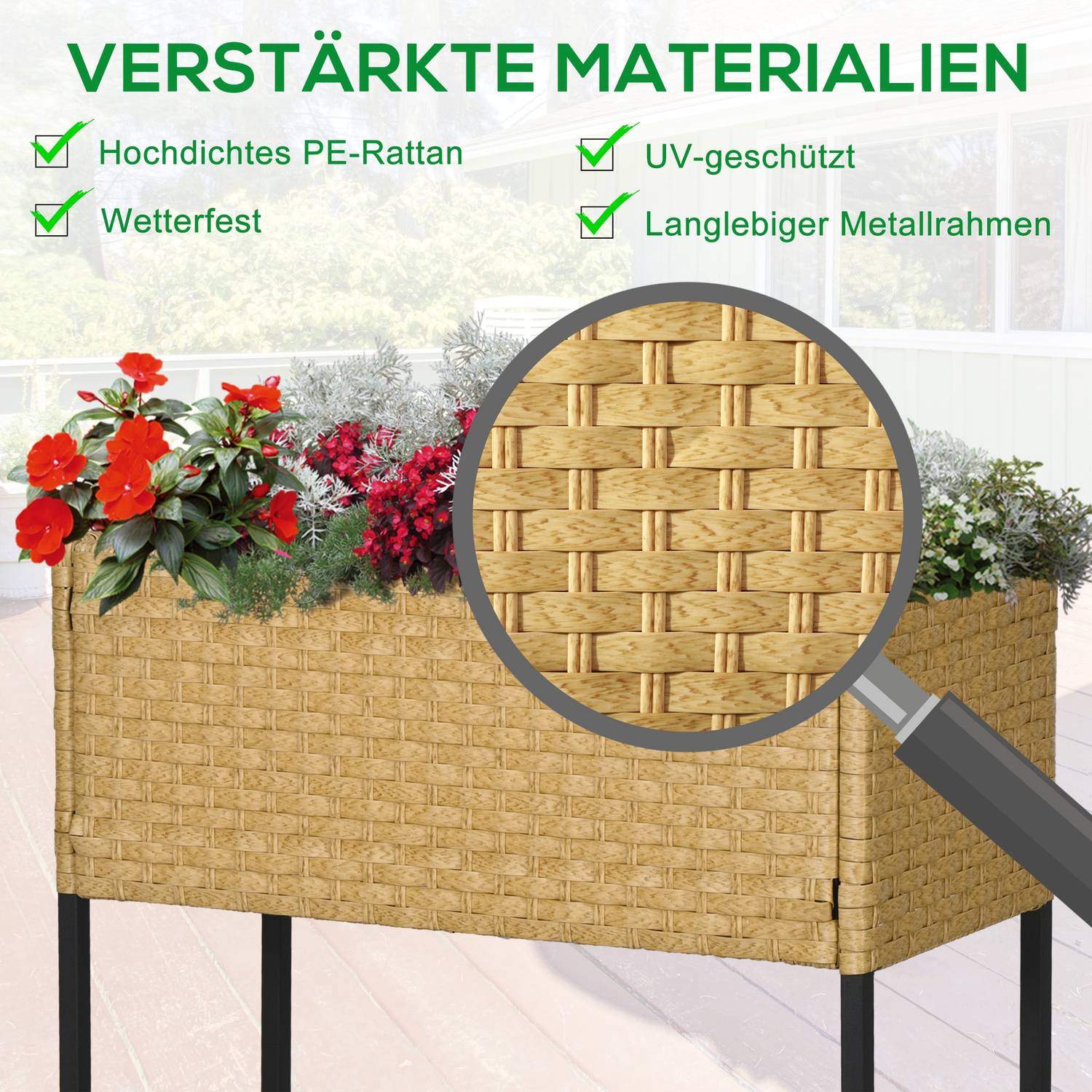 Upphöjd trädgårdskruka i polyrotting med hylla, sand, 70x30x72 cm