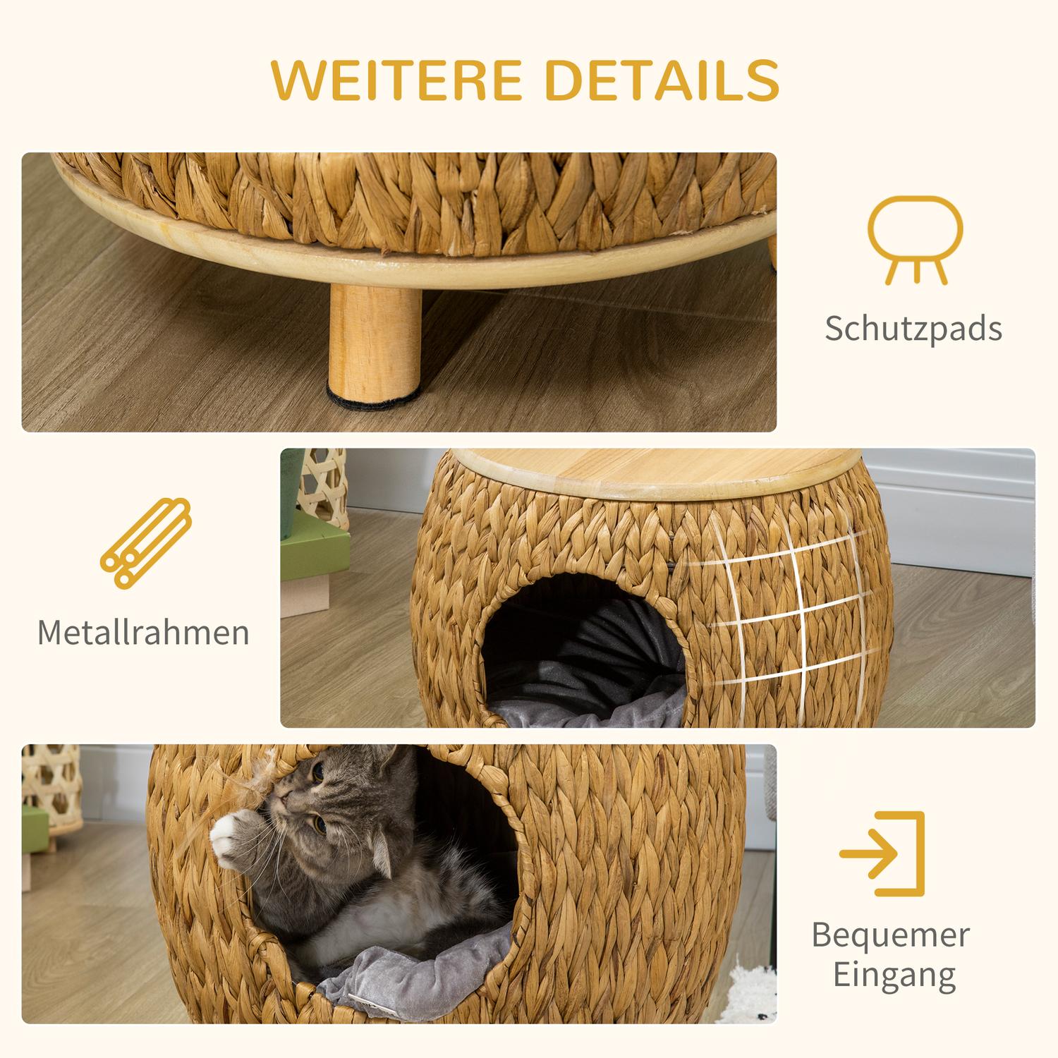 Rattan Cat Cave & Bed – 2-i-1 med kudde, 44x43x42cm