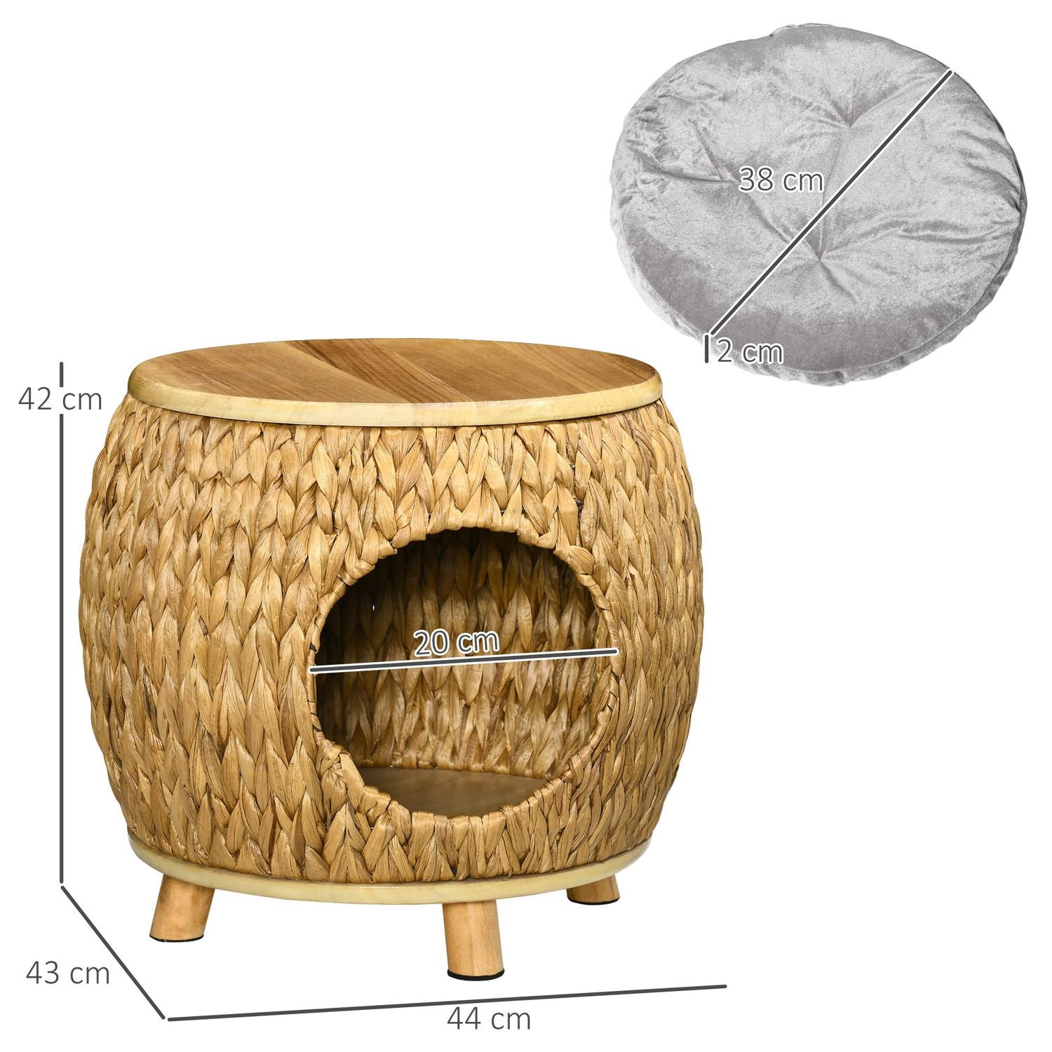 Rattan Cat Cave & Bed – 2-i-1 med kudde, 44x43x42cm
