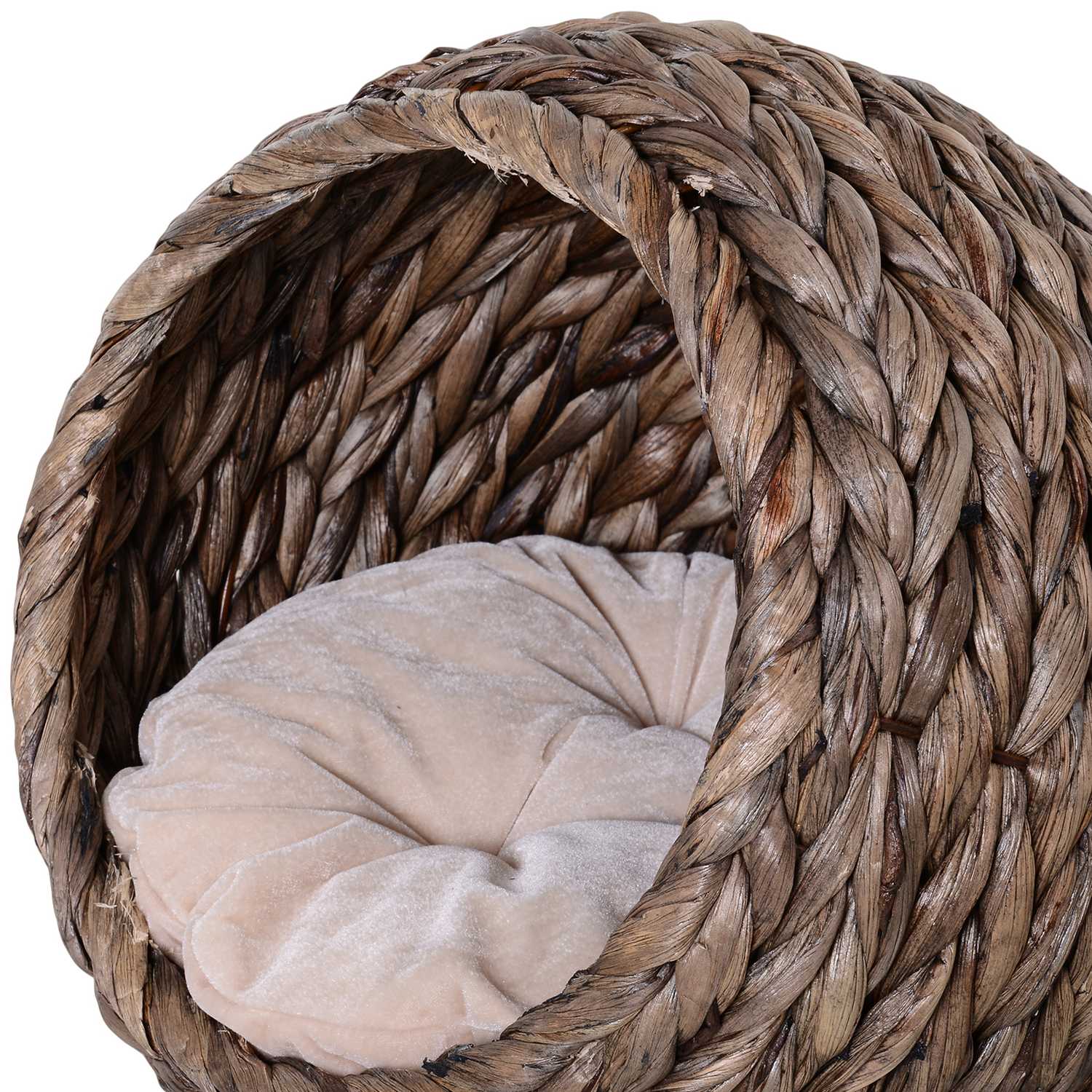 Rattan Cat Cave Bed, mörkbrun, vattenhyacint, med kudde