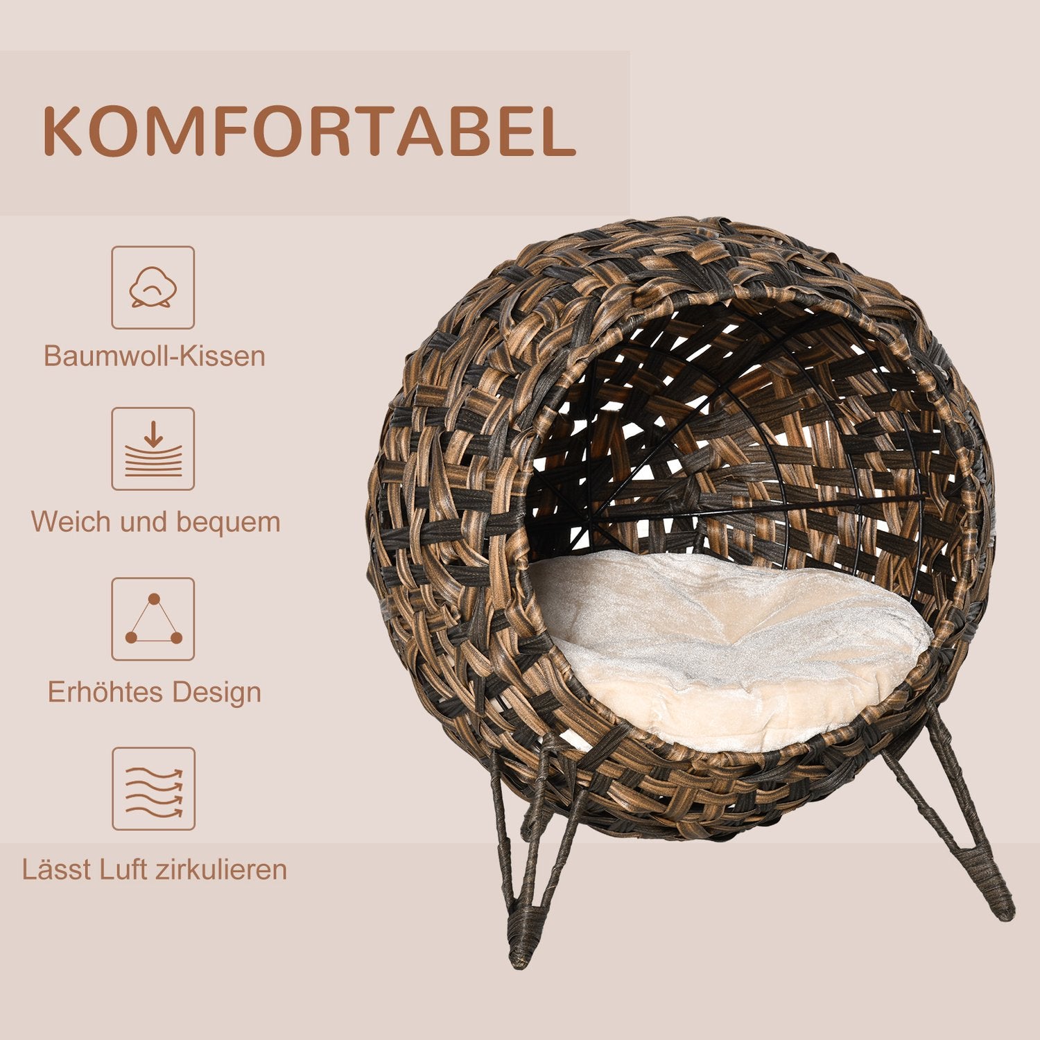 Rattan Cat Bed, förhöjd design med kudde, brun Ø52cm