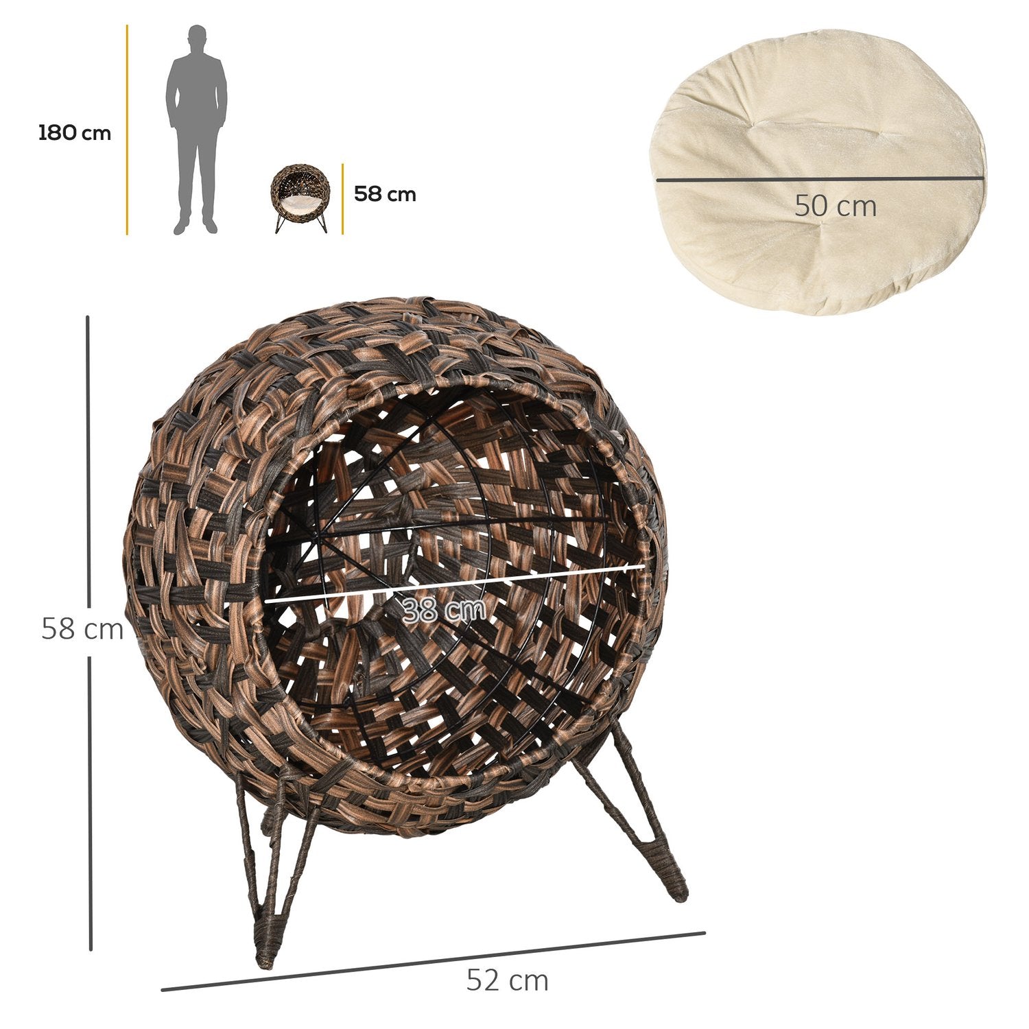 Rattan Cat Bed, förhöjd design med kudde, brun Ø52cm