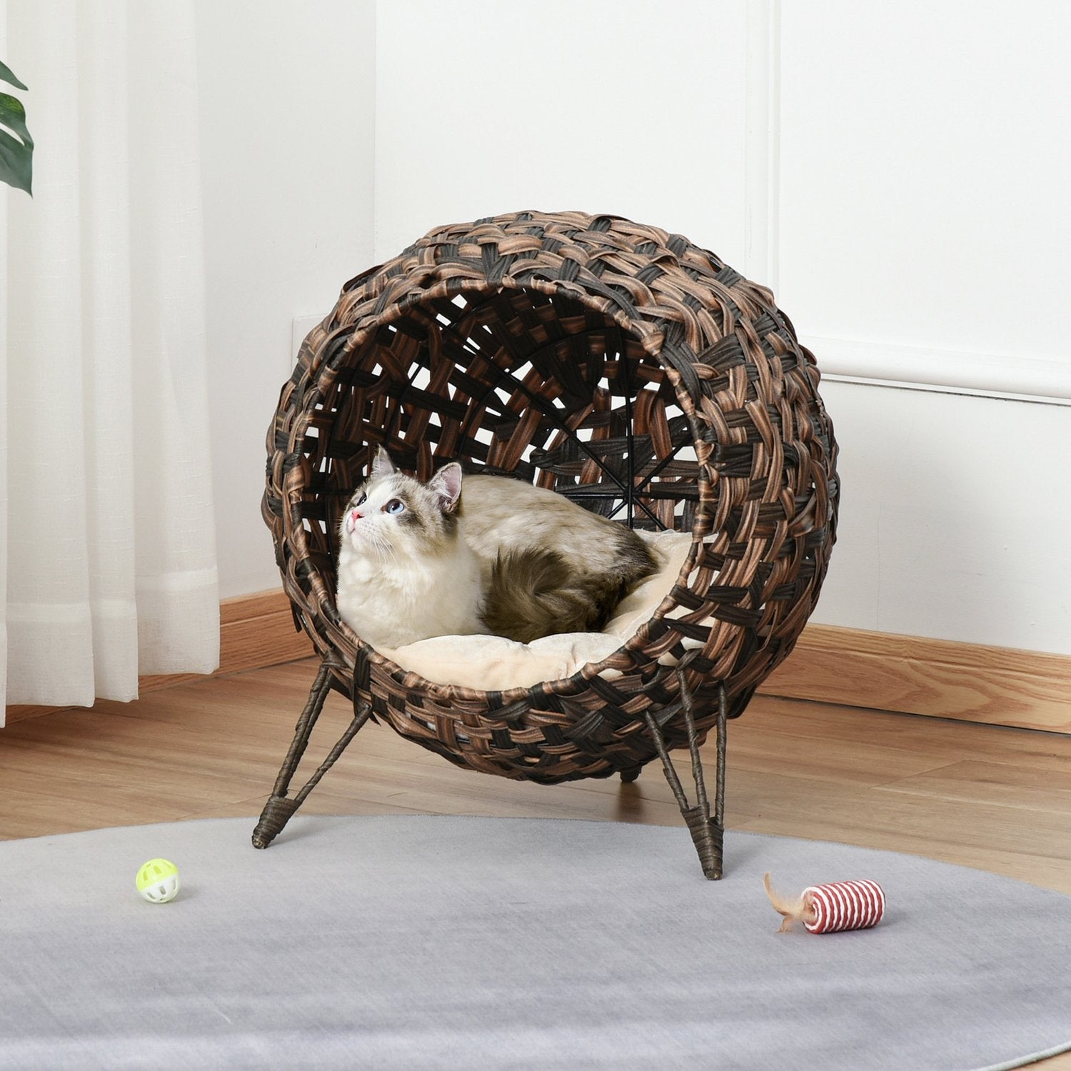 Rattan Cat Bed, förhöjd design med kudde, brun Ø52cm