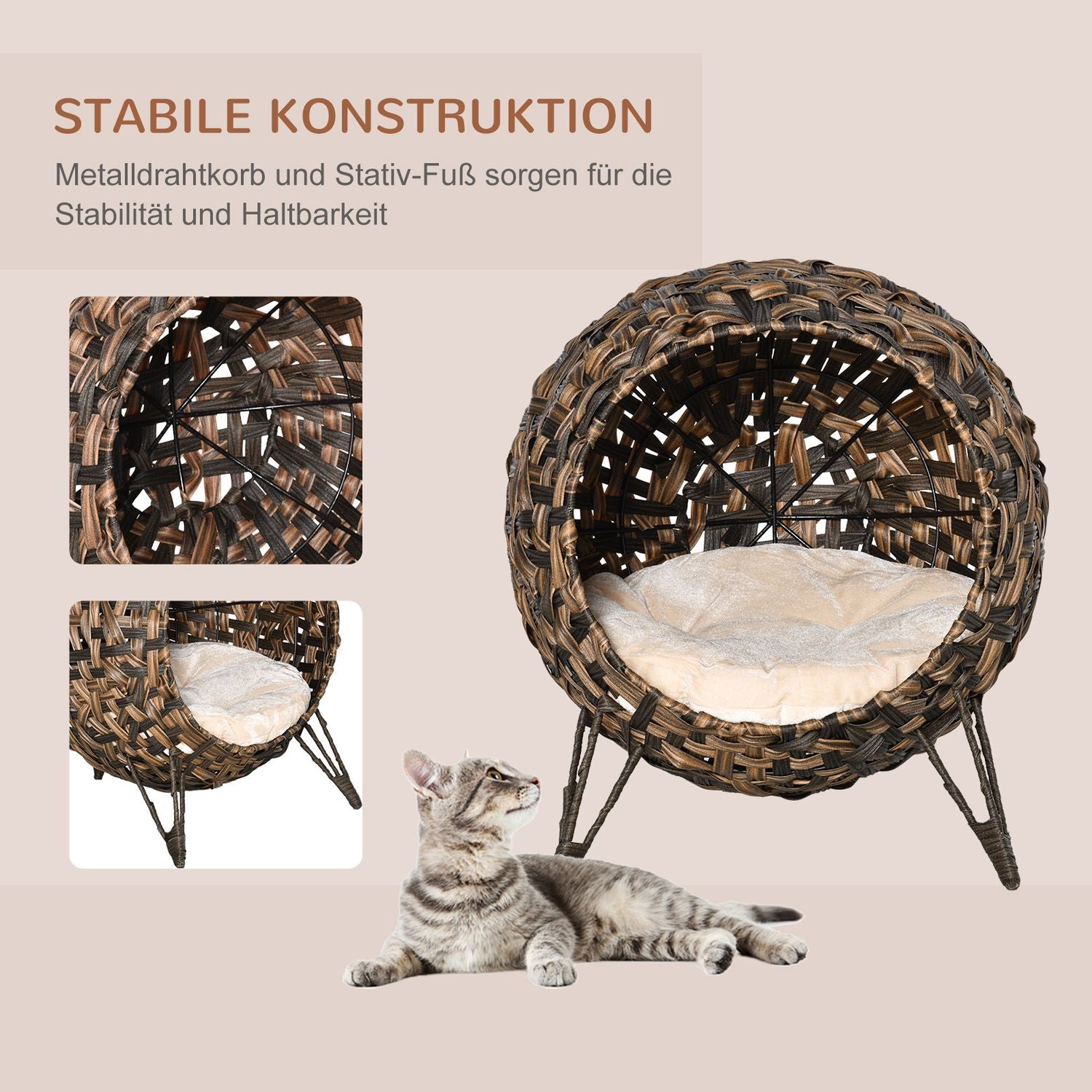 Rattan Cat Bed, förhöjd design med kudde, brun Ø52cm