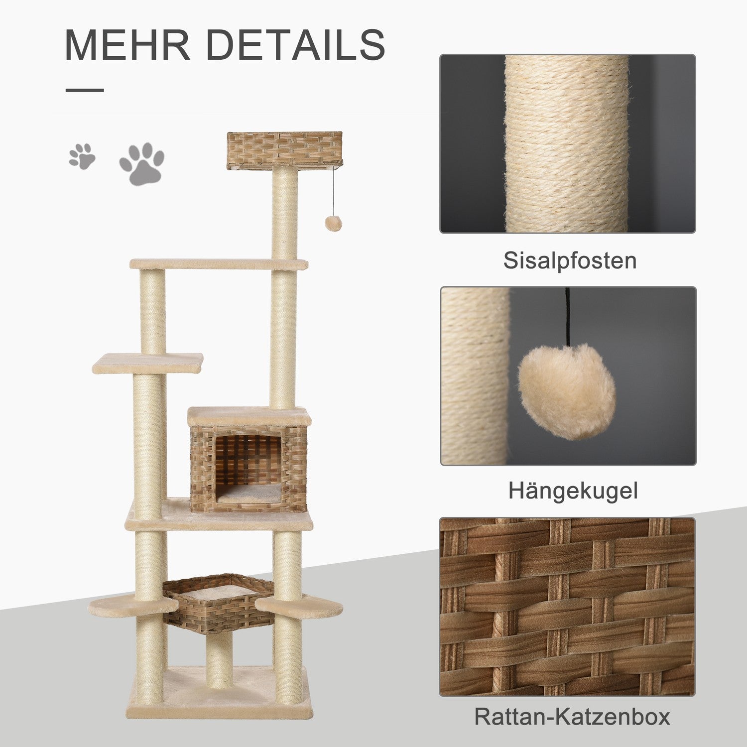 Flerskikts rottingkatt-klätterträd med grotta, beige/brun
