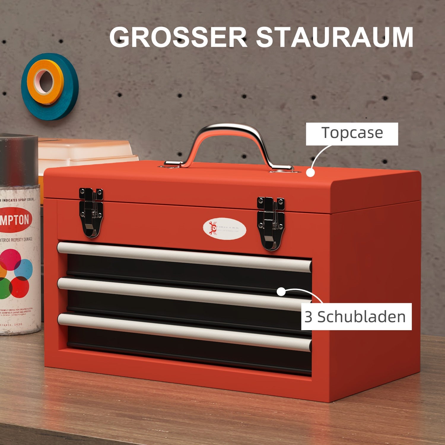 Röd stålverktygslåda med 3 lådor – 45 x 24 x 27 cm