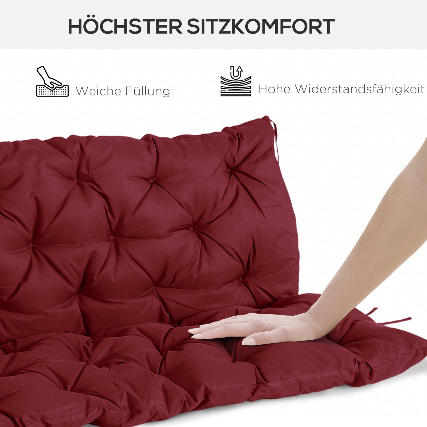 Röd utomhusbänkkudde med knytband, 3-sits, 150x98x8 cm
