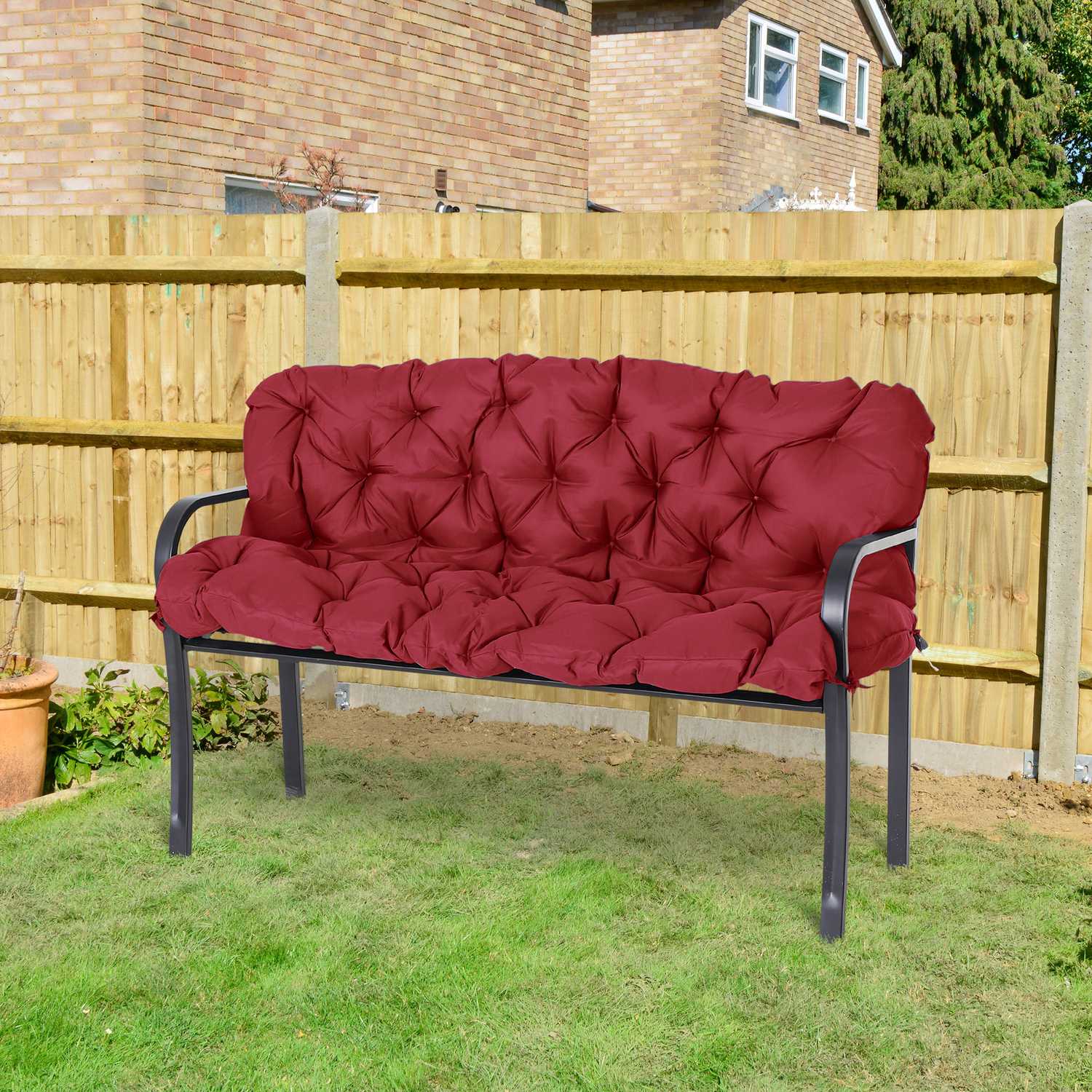 Röd utomhusbänkkudde med knytband, 3-sits, 150x98x8 cm