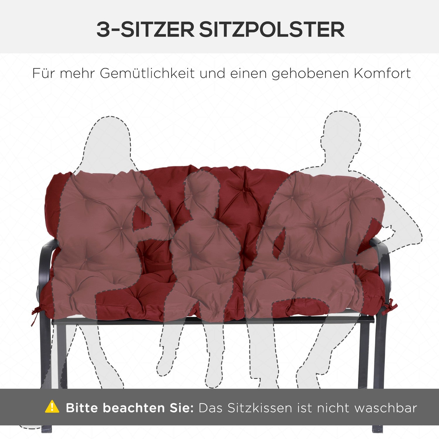 Röd utomhusbänkkudde med knytband, 3-sits, 150x98x8 cm