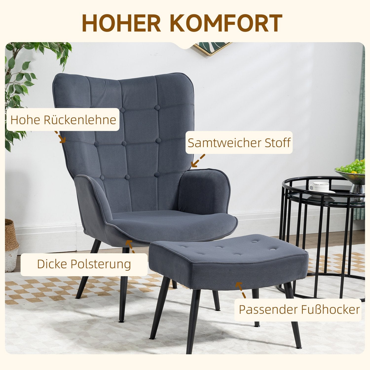 Velvet Relax Chair med armstöd och fotpall