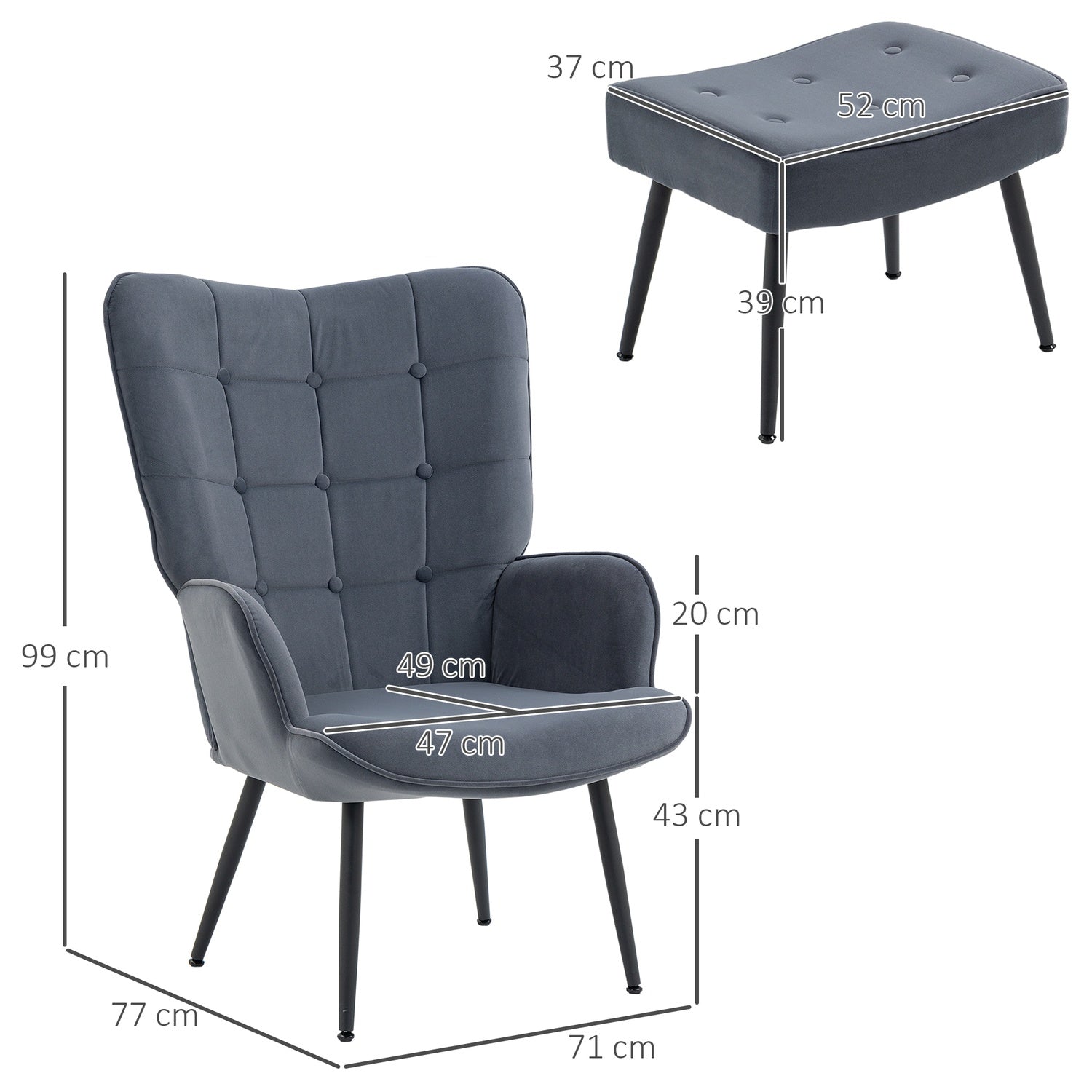 Velvet Relax Chair med armstöd och fotpall