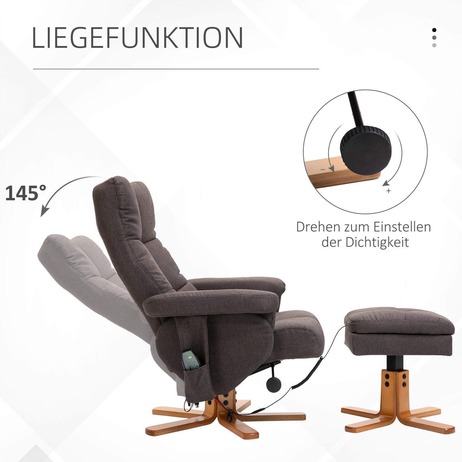 Massagefåtölj med fotpall, 145° lutning, brun