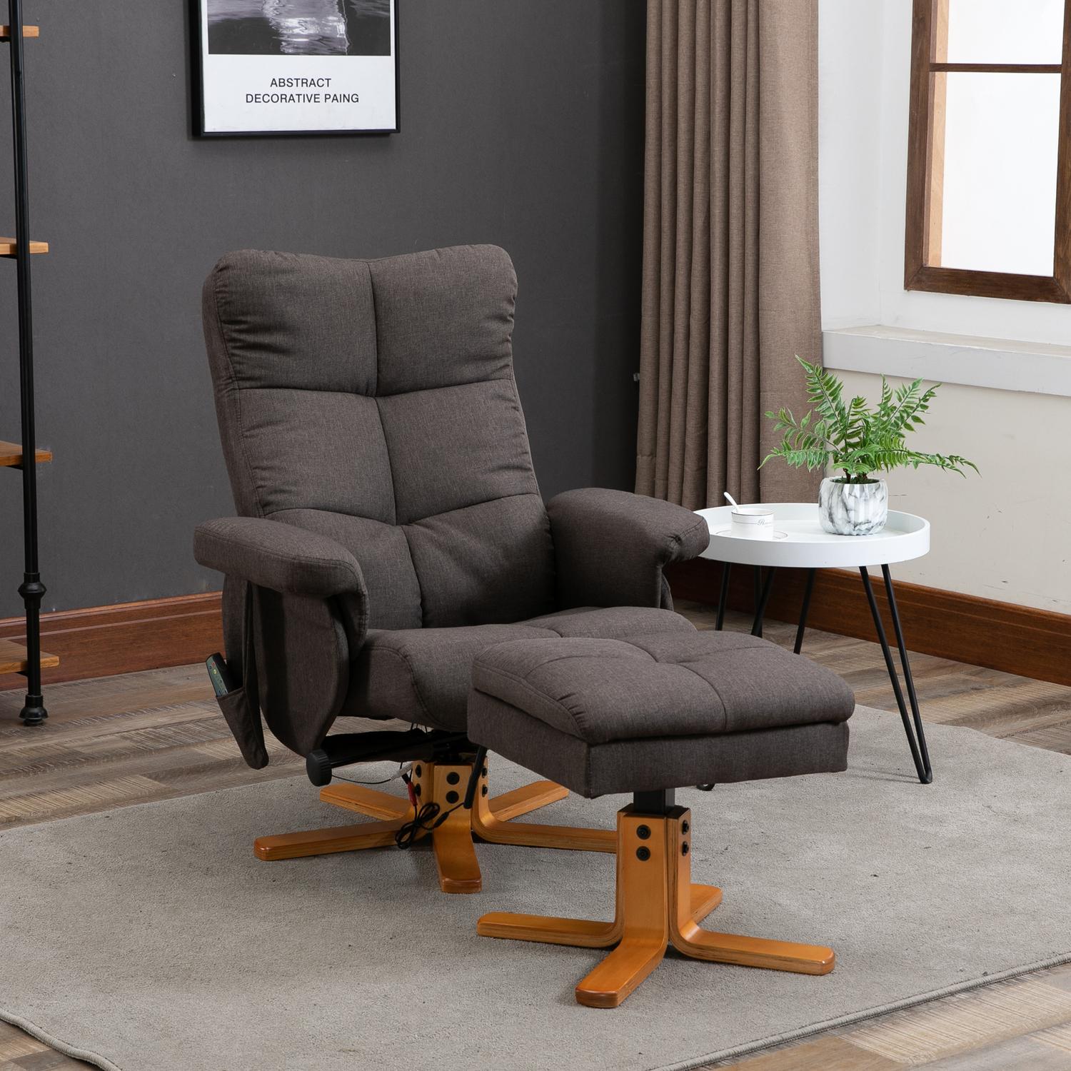 Massagefåtölj med fotpall, 145° lutning, brun