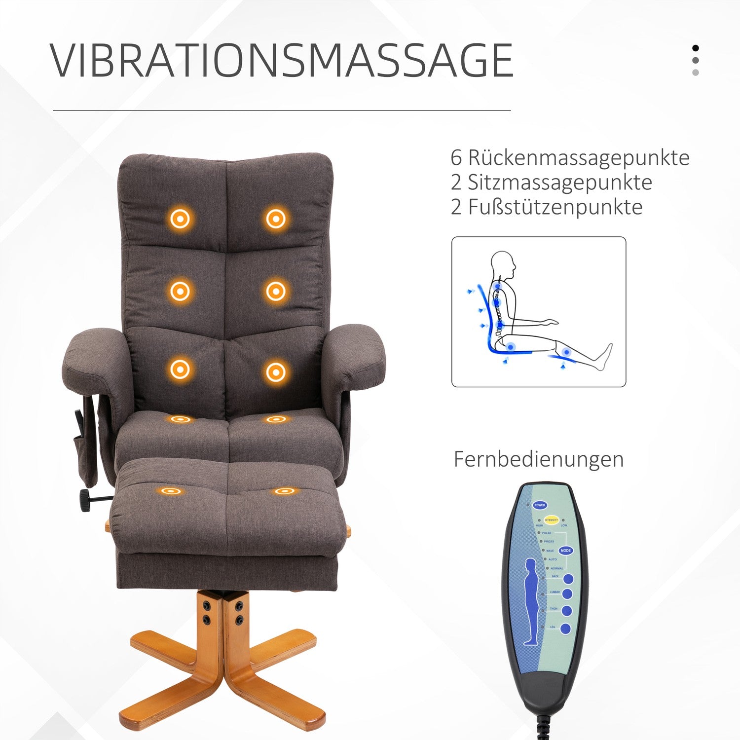 Massagefåtölj med fotpall, 145° lutning, brun