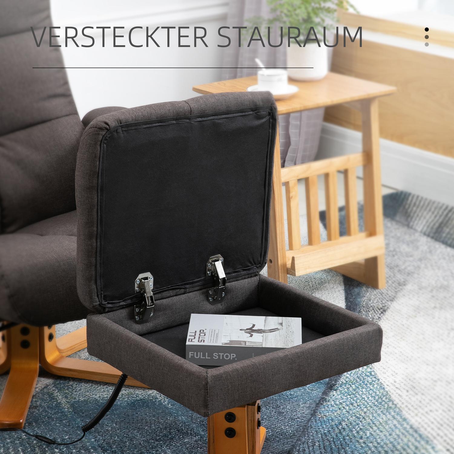 Massagefåtölj med fotpall, 145° lutning, brun