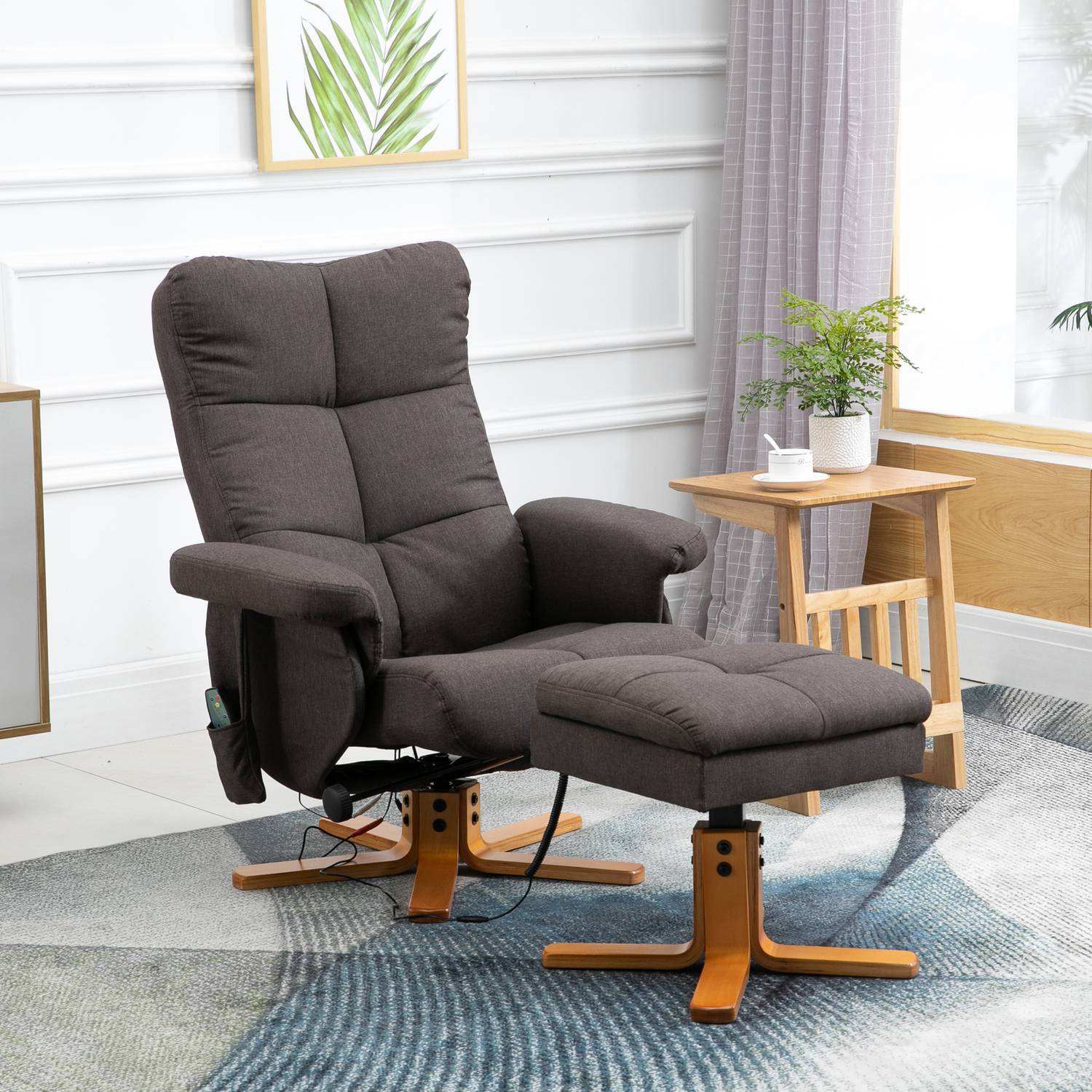 Massagefåtölj med fotpall, 145° lutning, brun