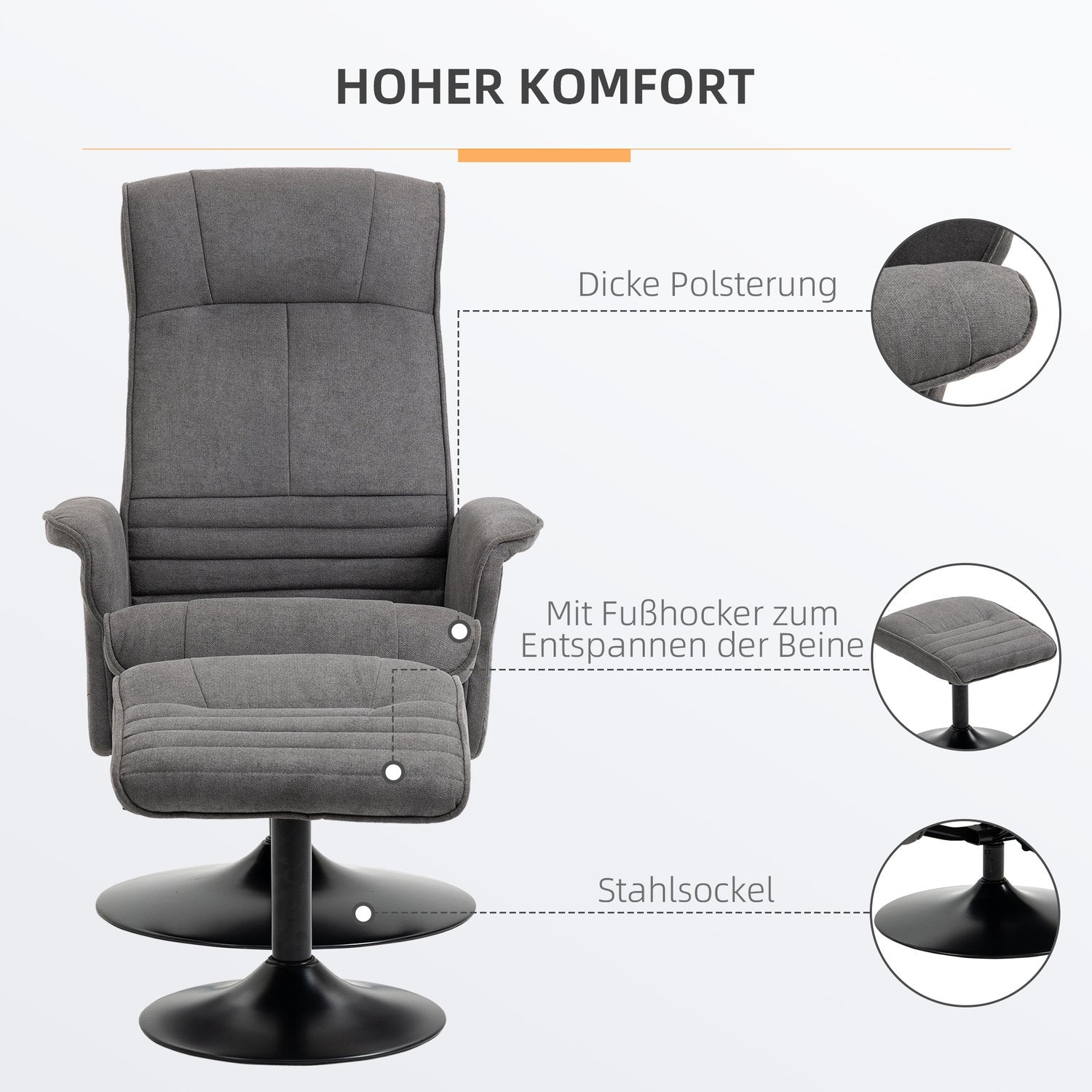 Liggstol med fotpall, 360° vridbar, mörkgrå skum