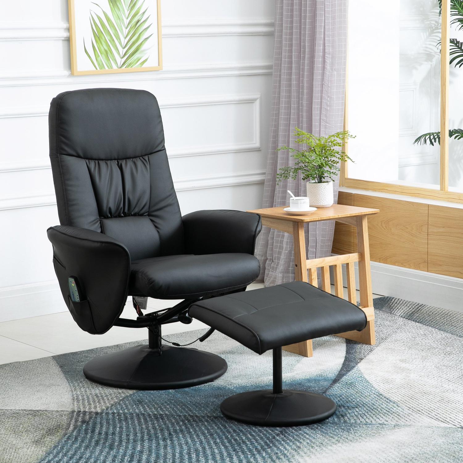 Massagefåtölj med ottoman; Svart konstläder
