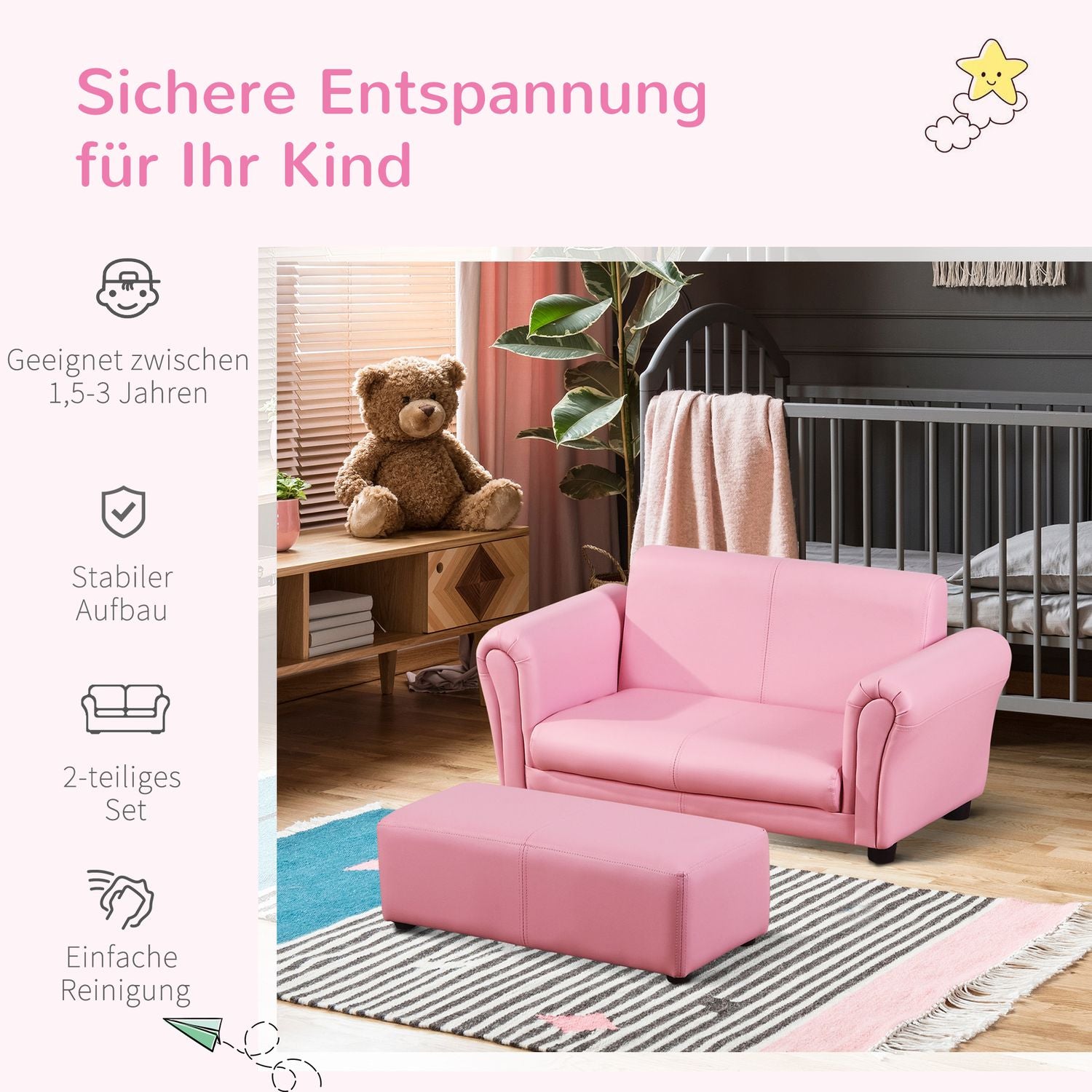 Rosa barnfåtölj & fotpall – 83x42x41cm, Comfort Set