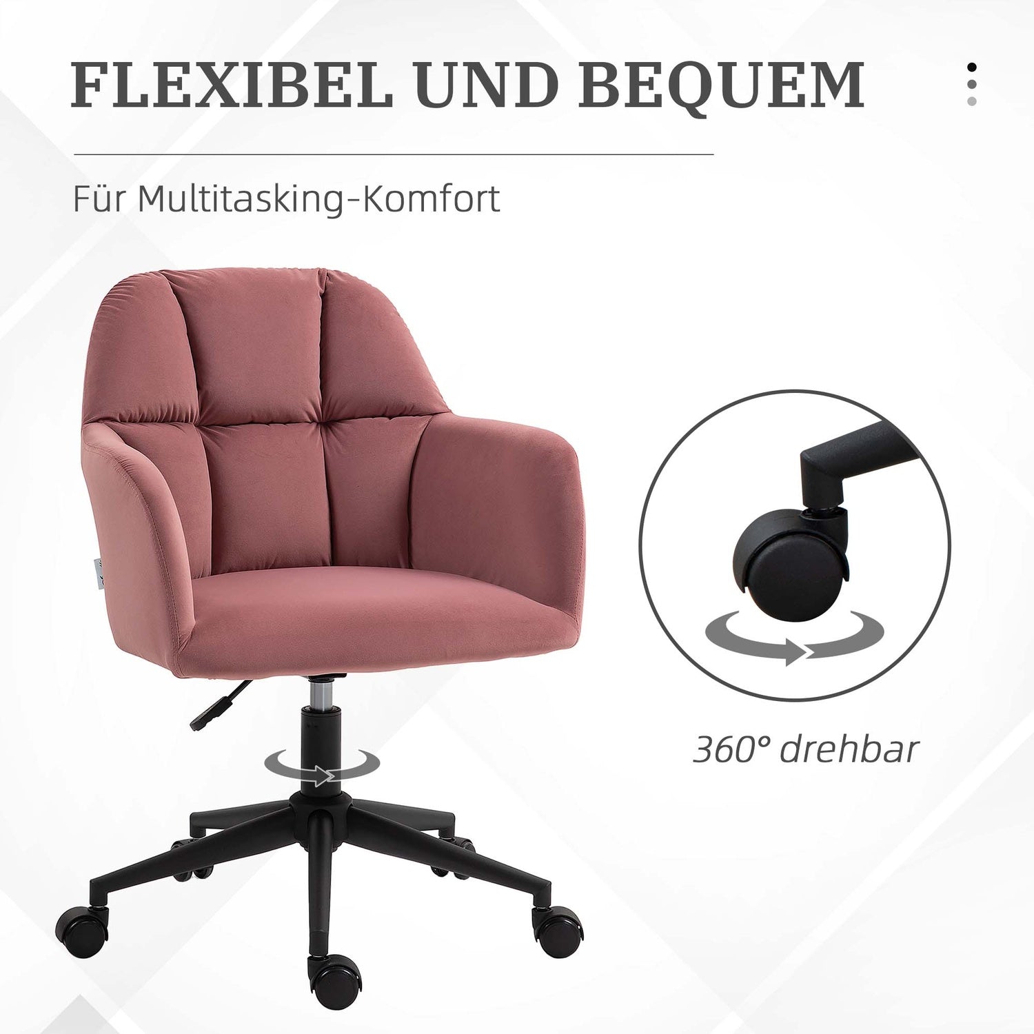 Rosa höjdjusterbar kontorsstol i sammet, kapacitet 120 kg