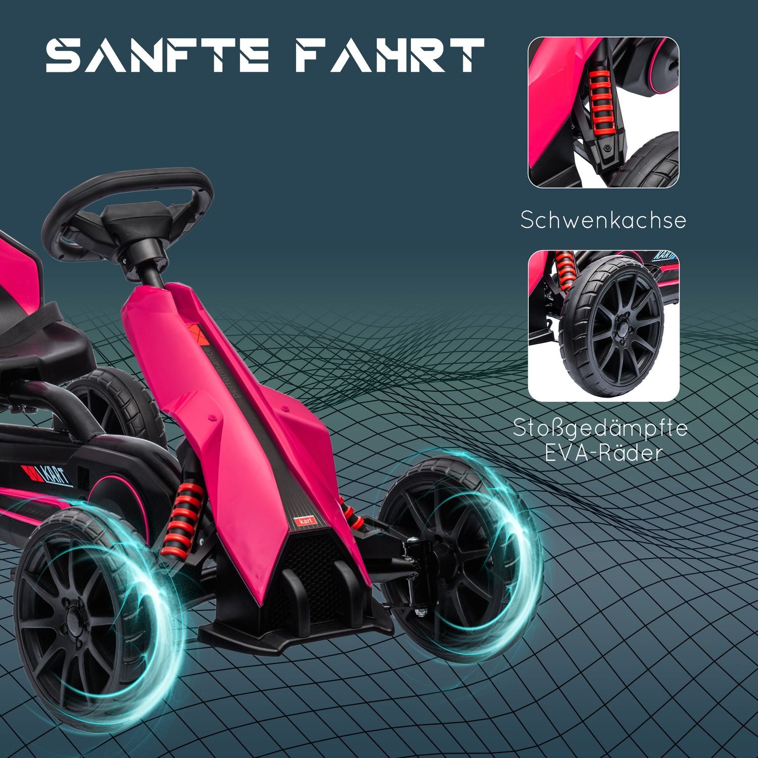 Rosa pedal gokart för barn 3-8 år, handbroms & justerbar sits