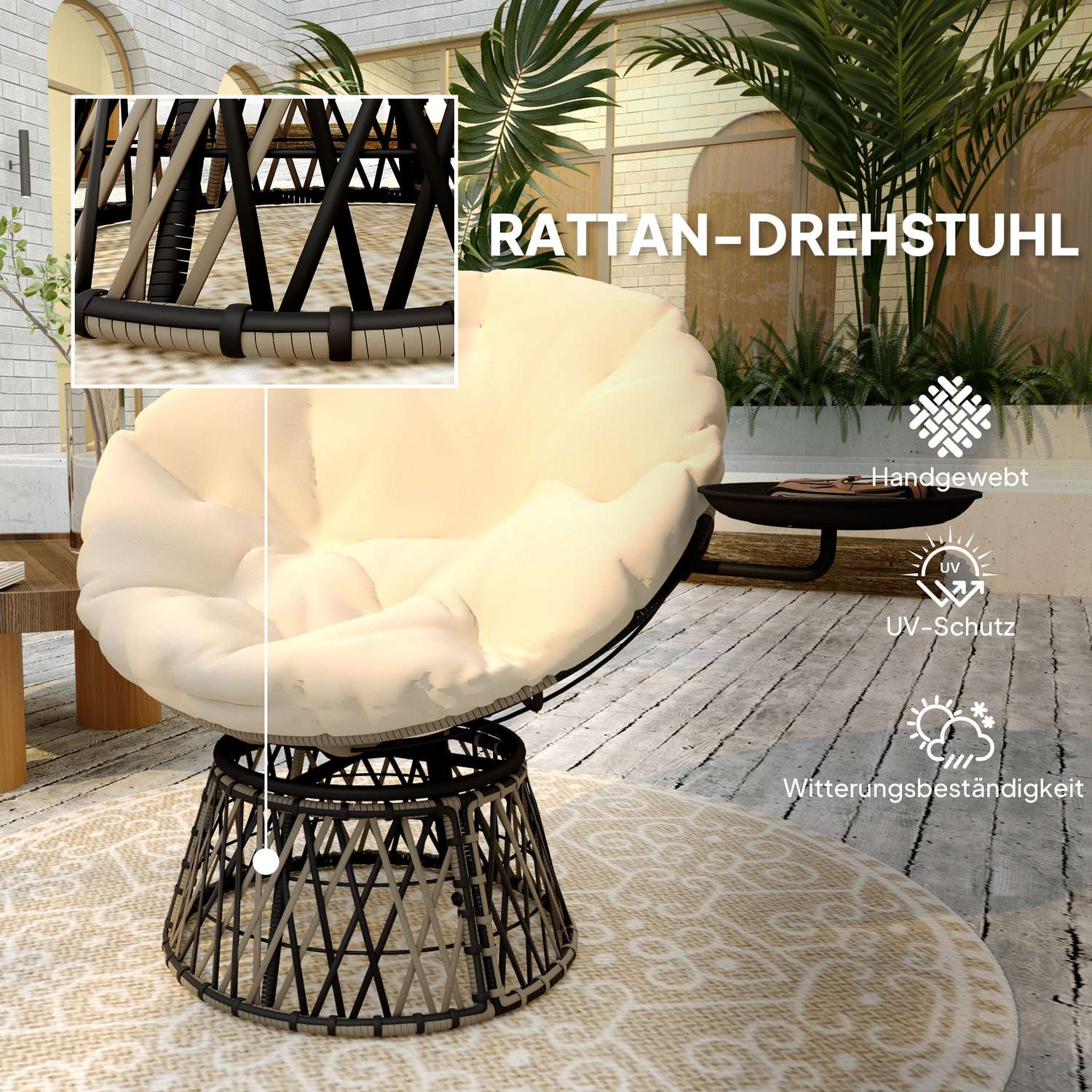 Roterande Rotting Papasan Stol med Dyna, 90 cm Diameter
