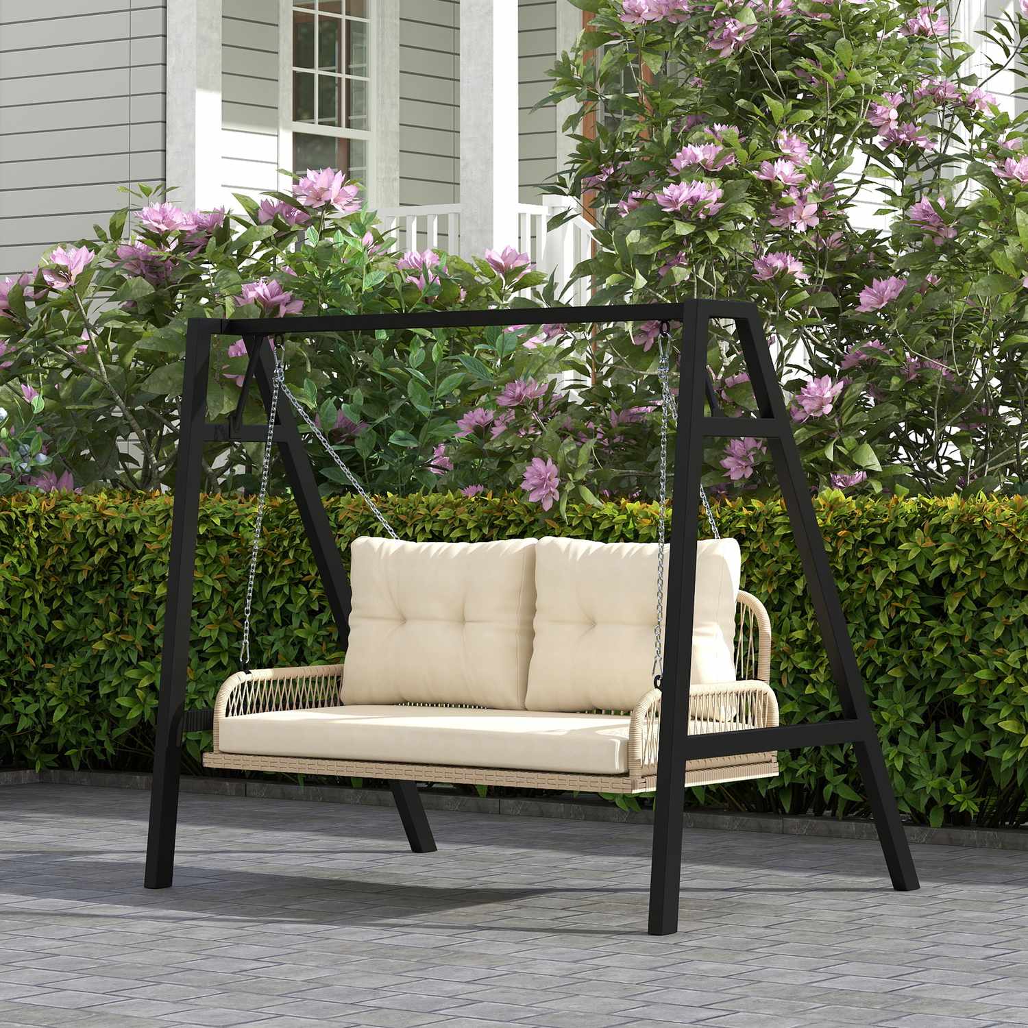 Rotting 2-sits trädgårdsgunga med kuddar, beige