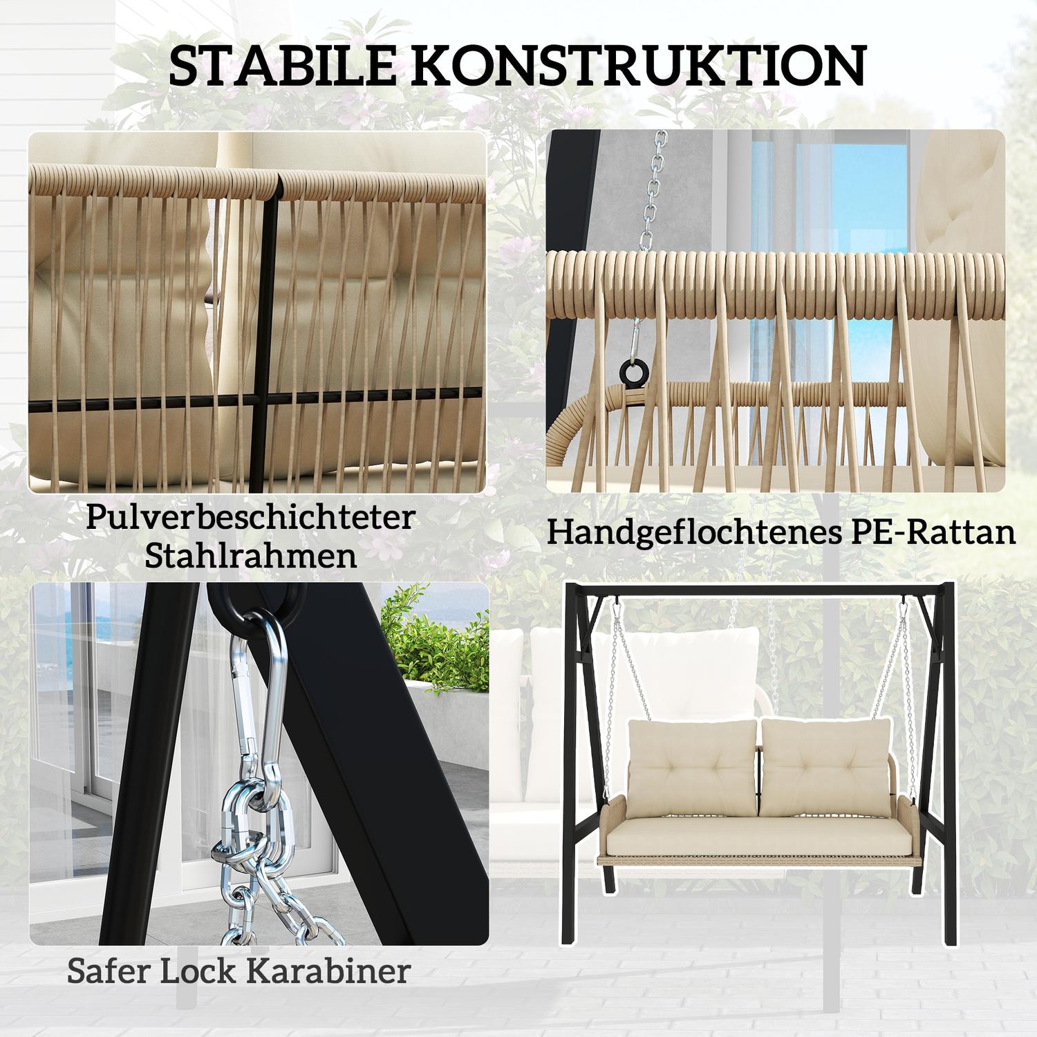 Rotting 2-sits trädgårdsgunga med kuddar, beige